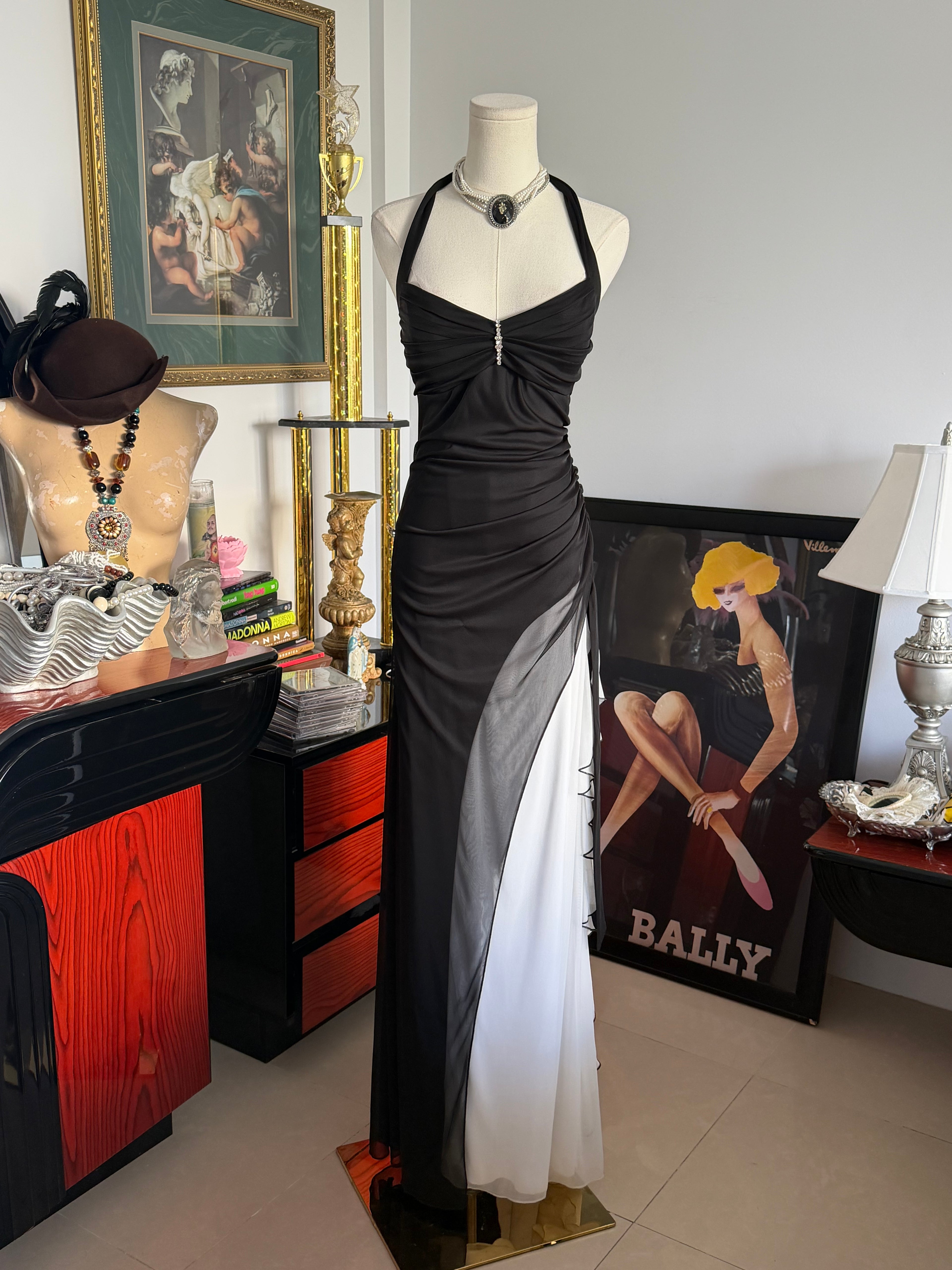 Vintage City Triangles Black & White Draped Halter Gown M