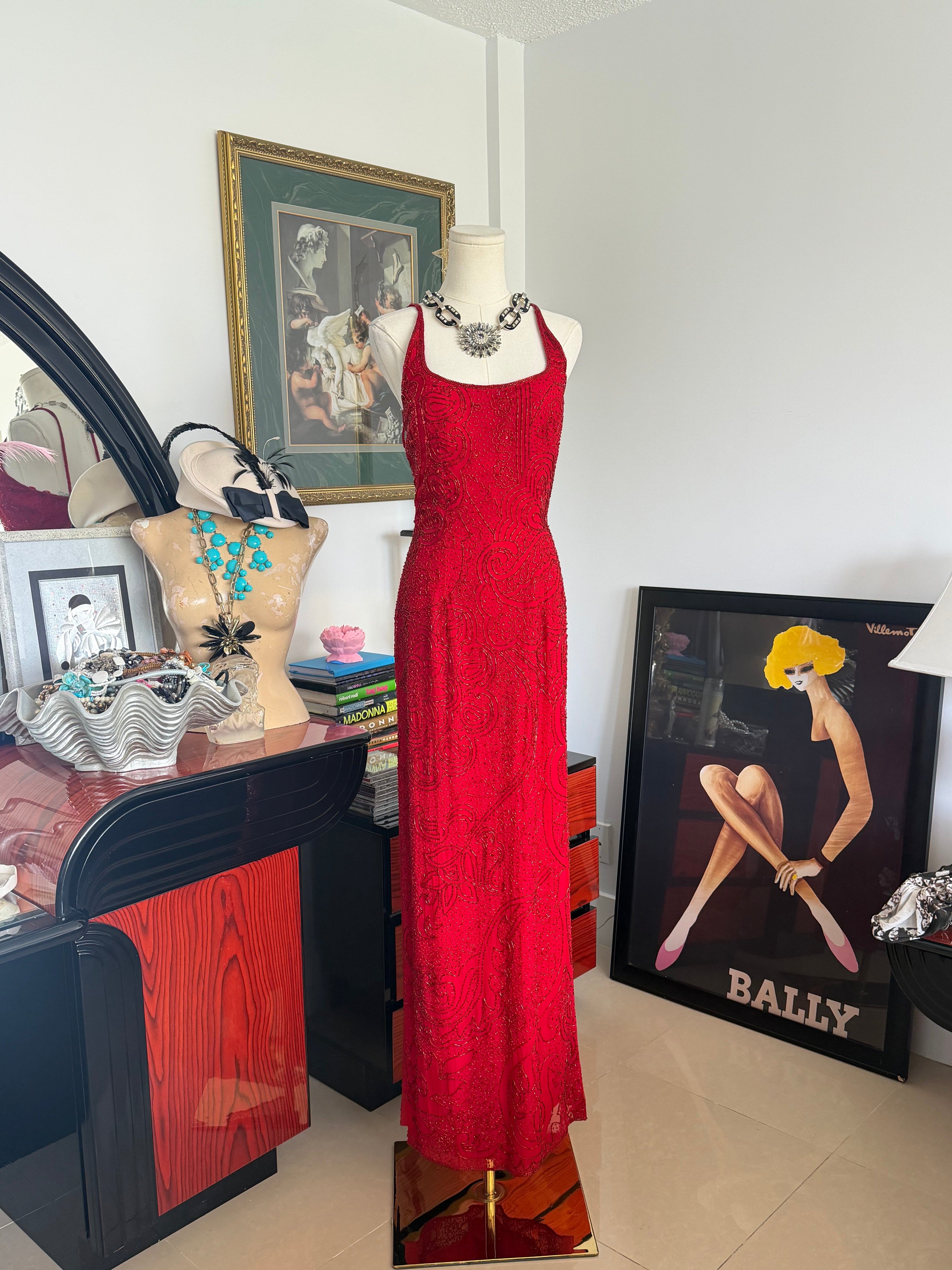 Vintage Cache Deadstock Fully Beaded Red Gown