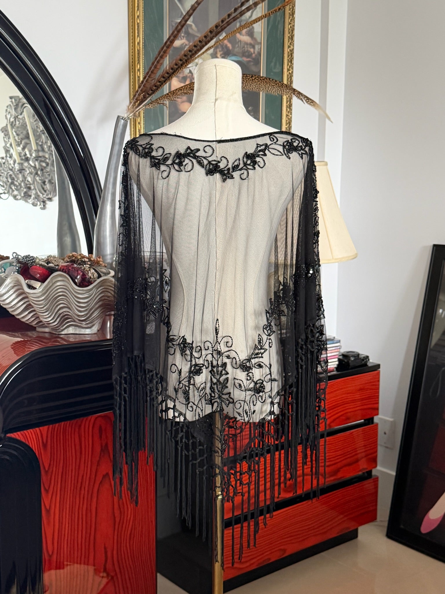 Sheer black embroidered poncho