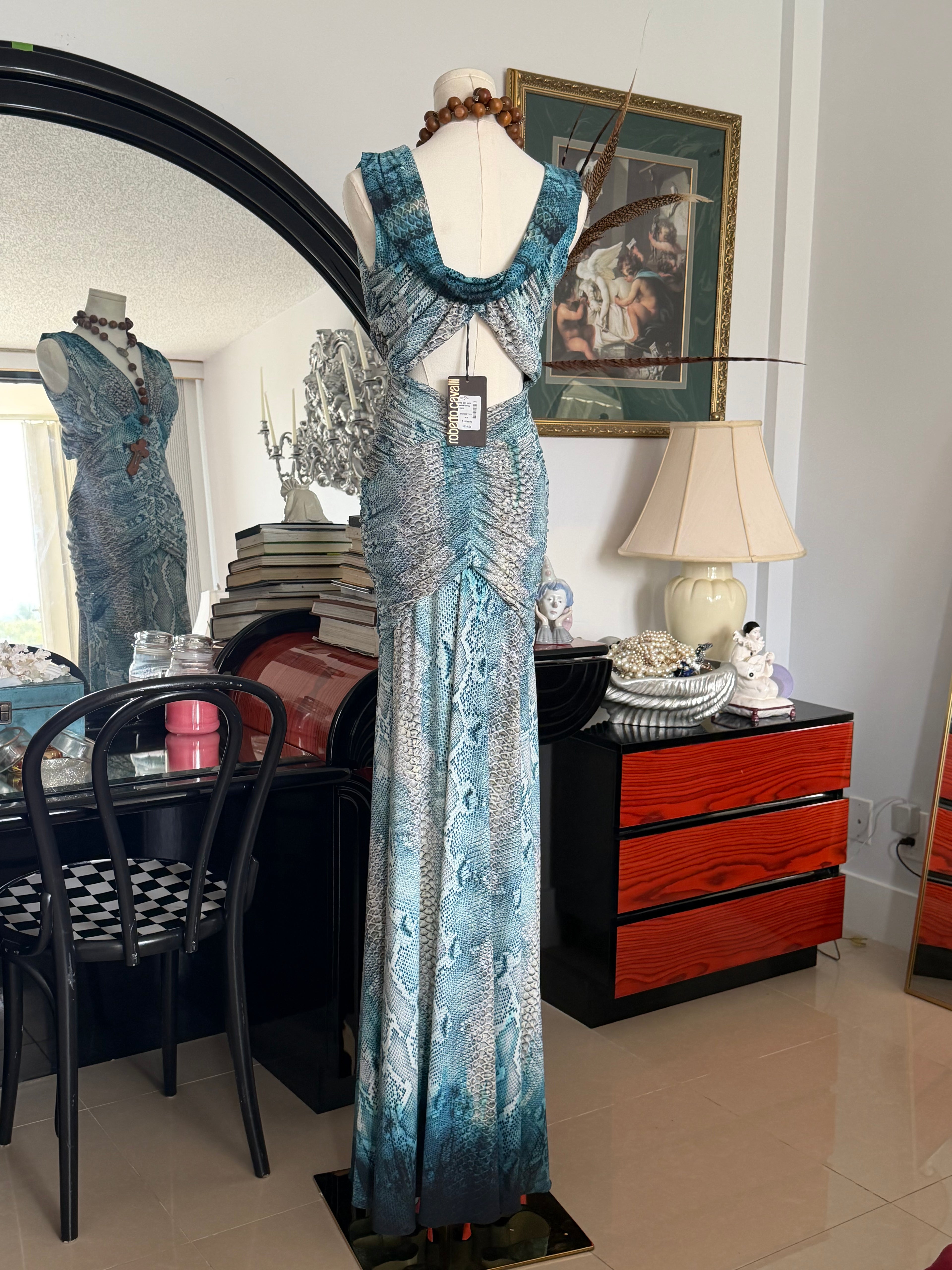 Roberto Cavalli 2005 Python Print Ruched Cut-Out Gown (NWT, Size S)