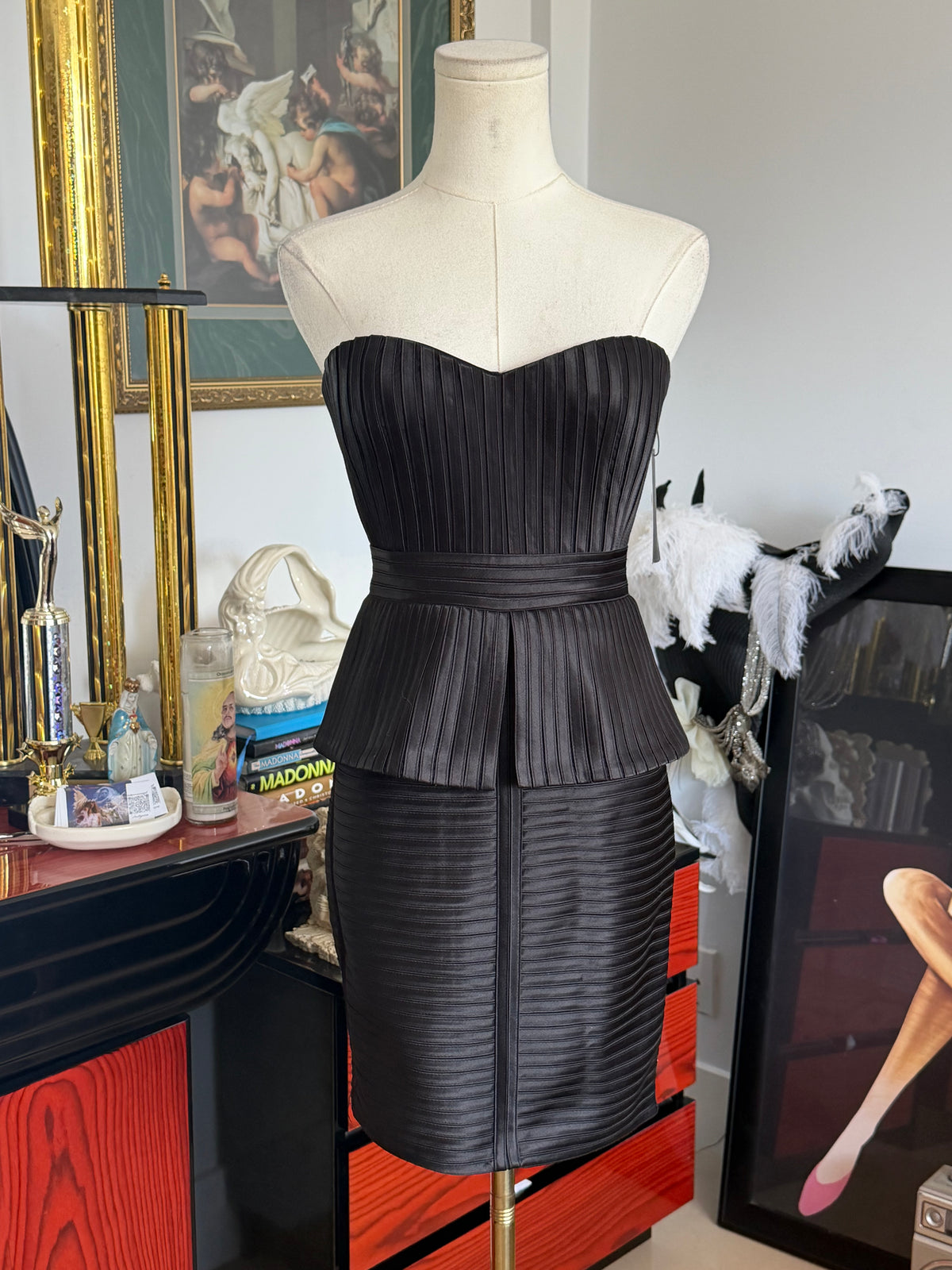BCBG Max Azria Karina Black Pleated Peplum Strapless Dress XS 2