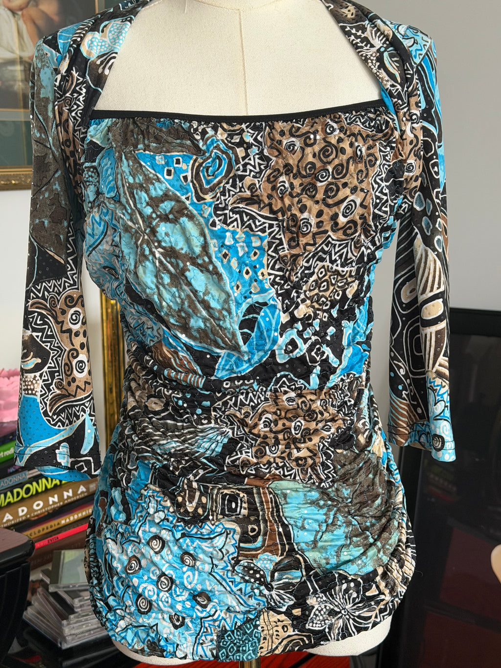 Vintage Joseph Ribkoff Abstract Ruched Mesh Top- S-M