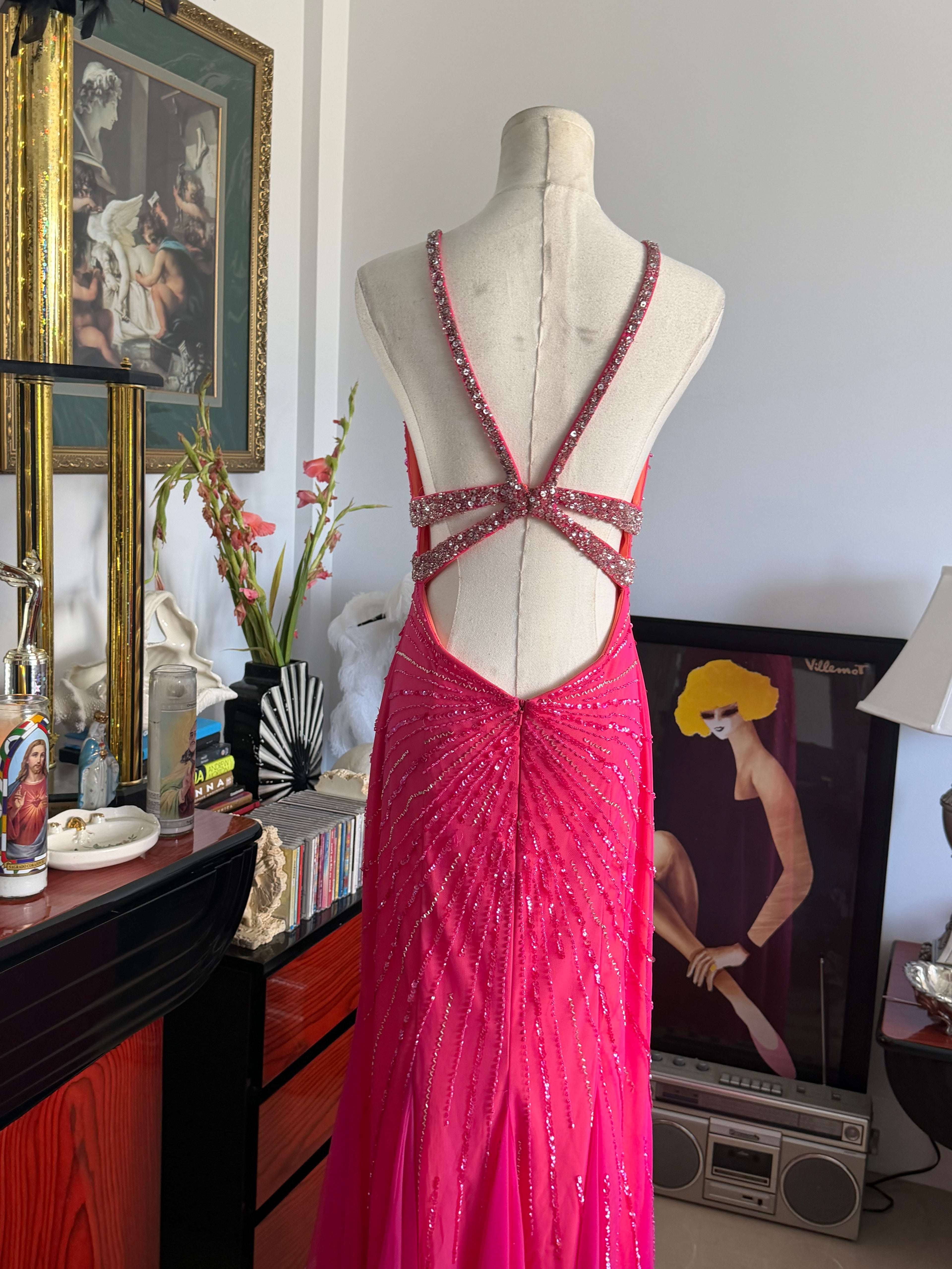 Cecily Brown Hot Pink Beaded Rhinestone Open Back Evening Gown