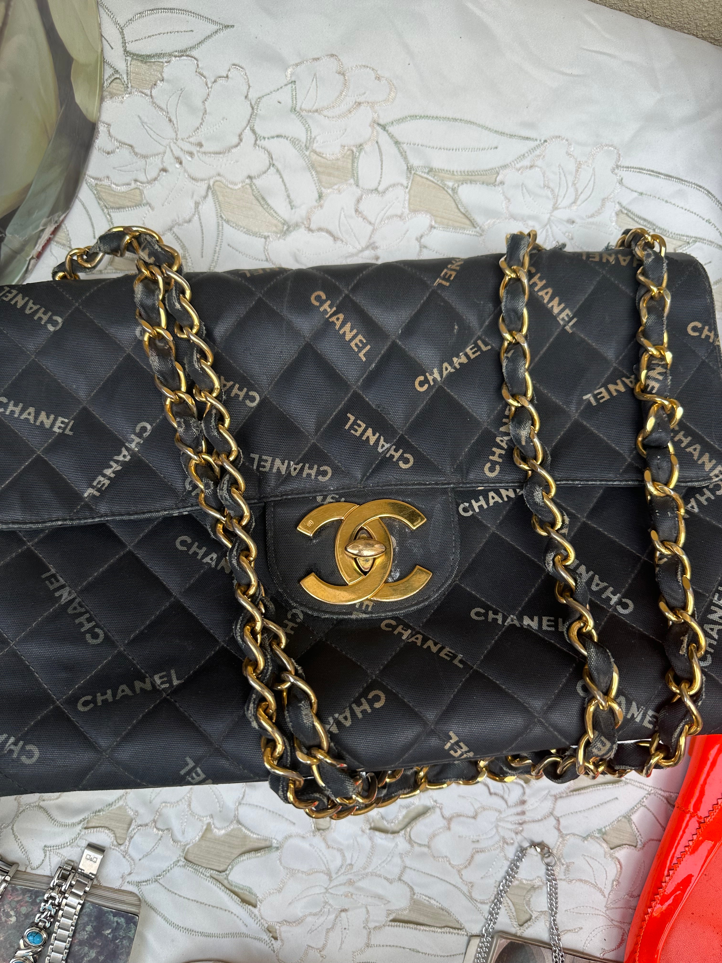 Chanel Black Quilted Canvas Logo Print Maxi XL Flap Bag