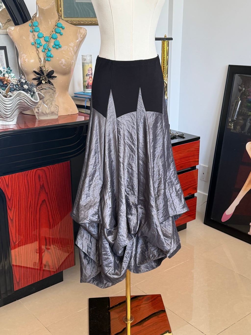 joseph ribkoff metallic silver draped bustle maxi skirt | made in canada | size 4