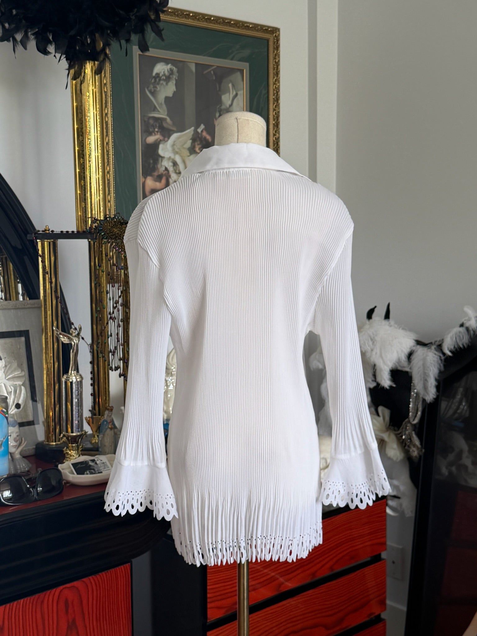 Cato White Pleated Eyelet Button-Up Blouse