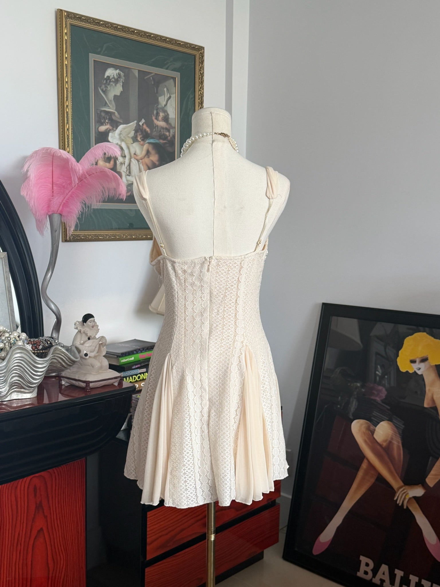 Cream Lace Angel Mini Dress Beaded Bust XL