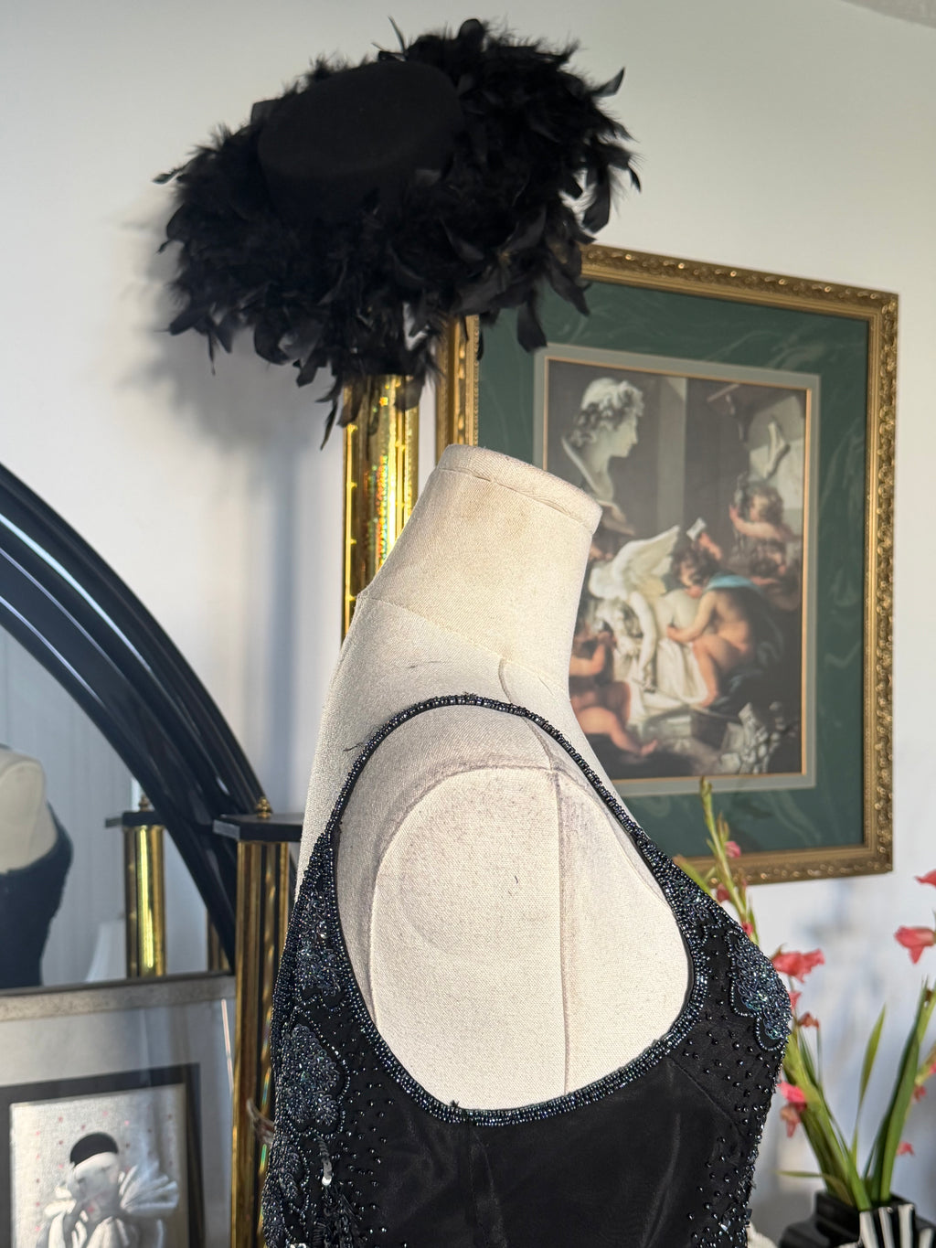 Papell Boutique Black Silk Beaded Floral Evening Dress — Size 4