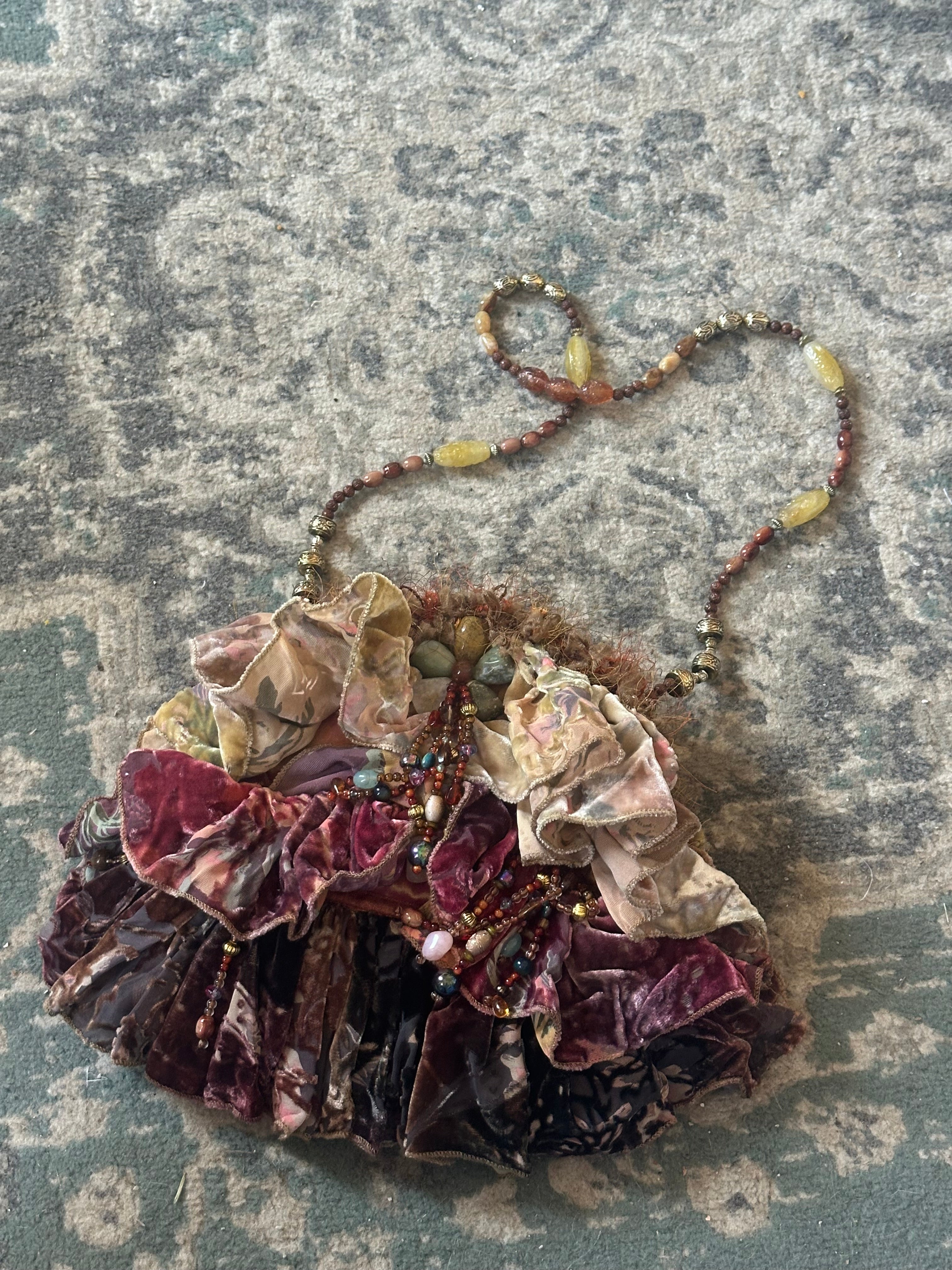 Mary Frances Vintage Beaded Velvet Ruffle Shoulder Bag