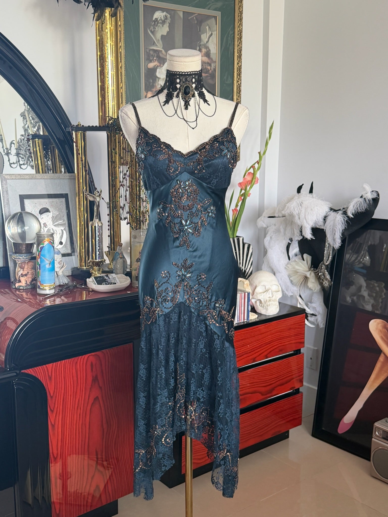 Cache Teal Beaded Lace Slip Dress 2