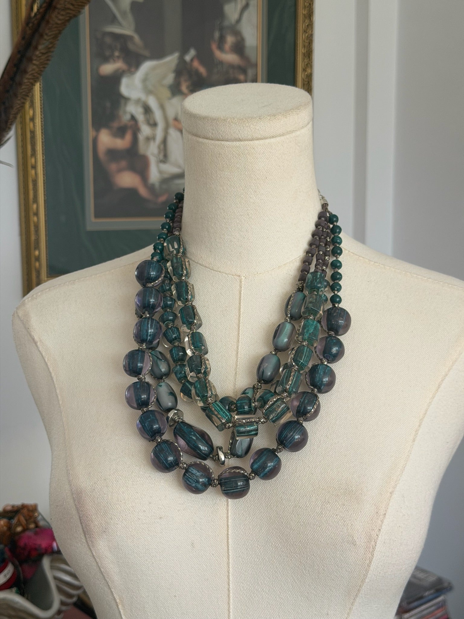 Multi Strand Green Glass Bead Necklace