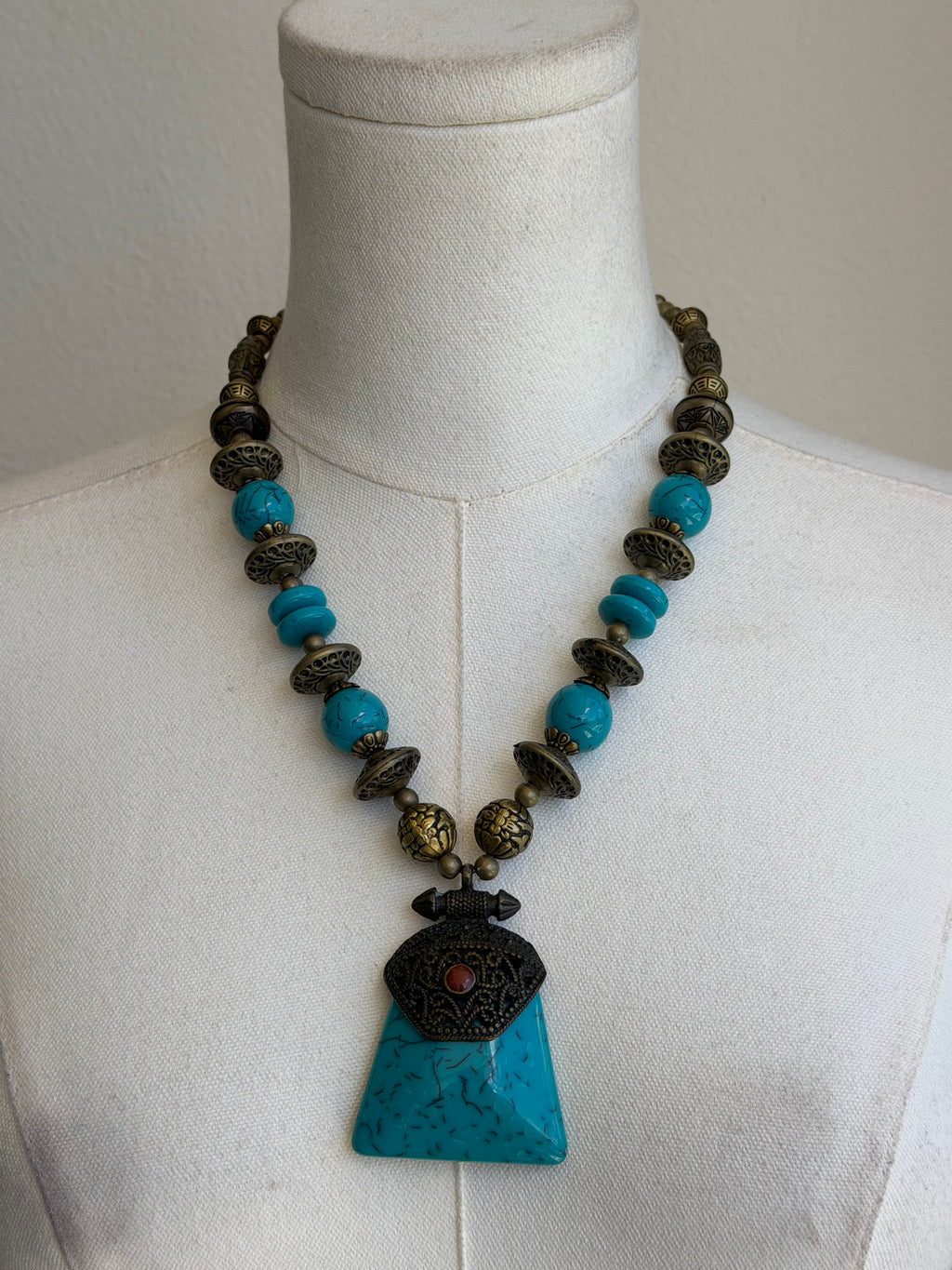 Turquoise & Antique Bronze Pendant Necklace