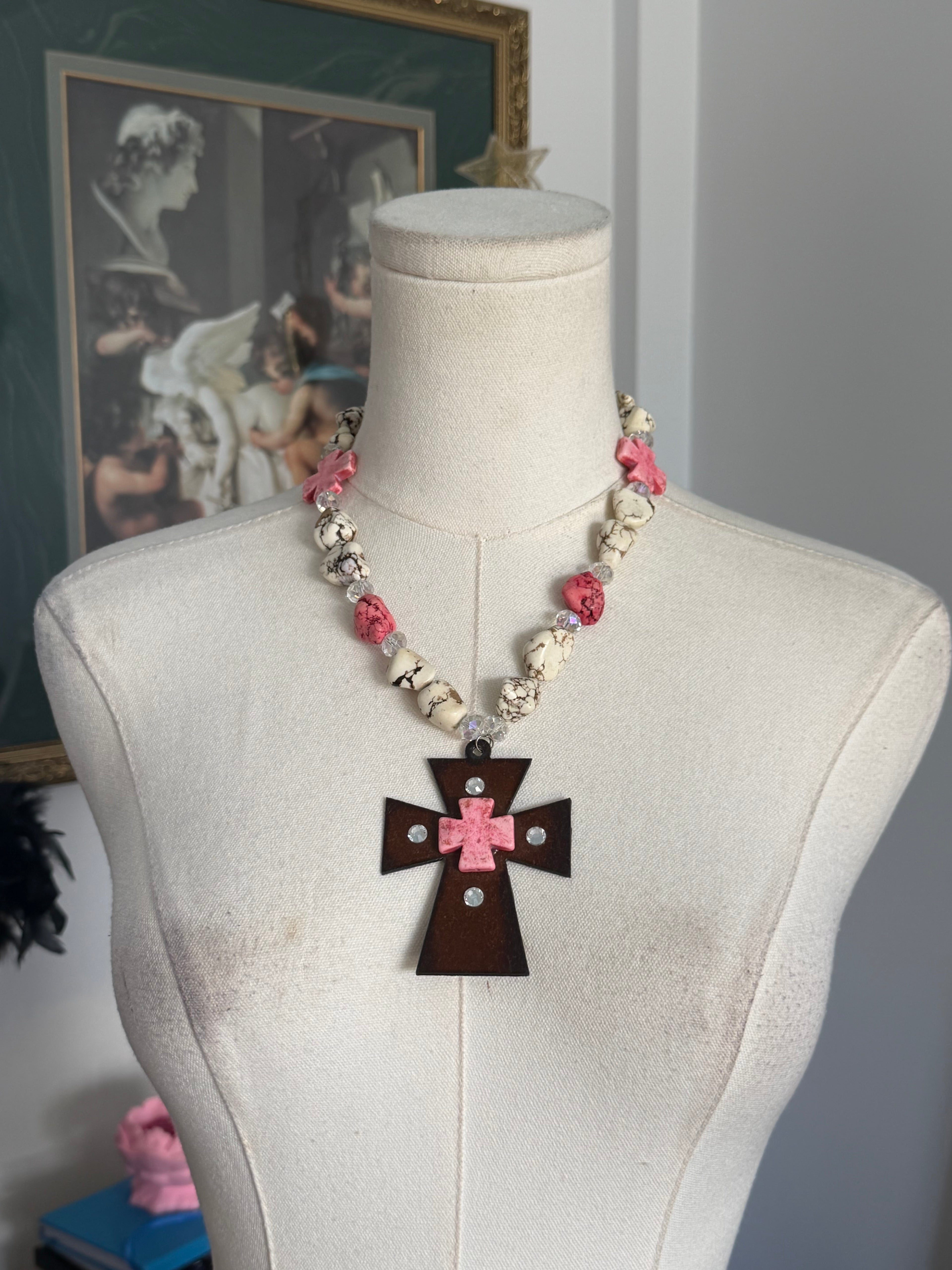 Pink cross statement necklace