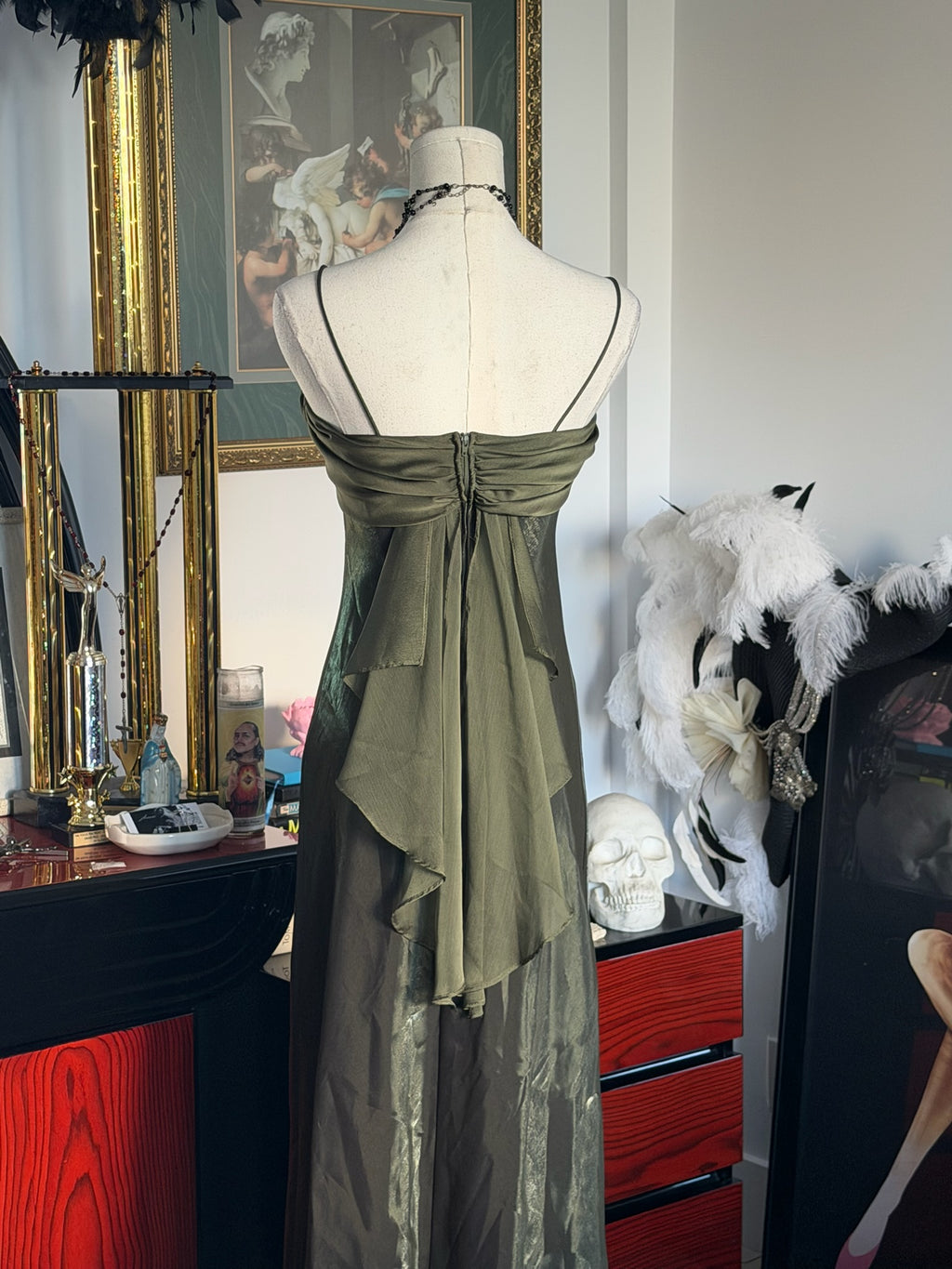 Betsy & Adam Olive Liquid Satin Bias-Cut Evening Gown | Size 4