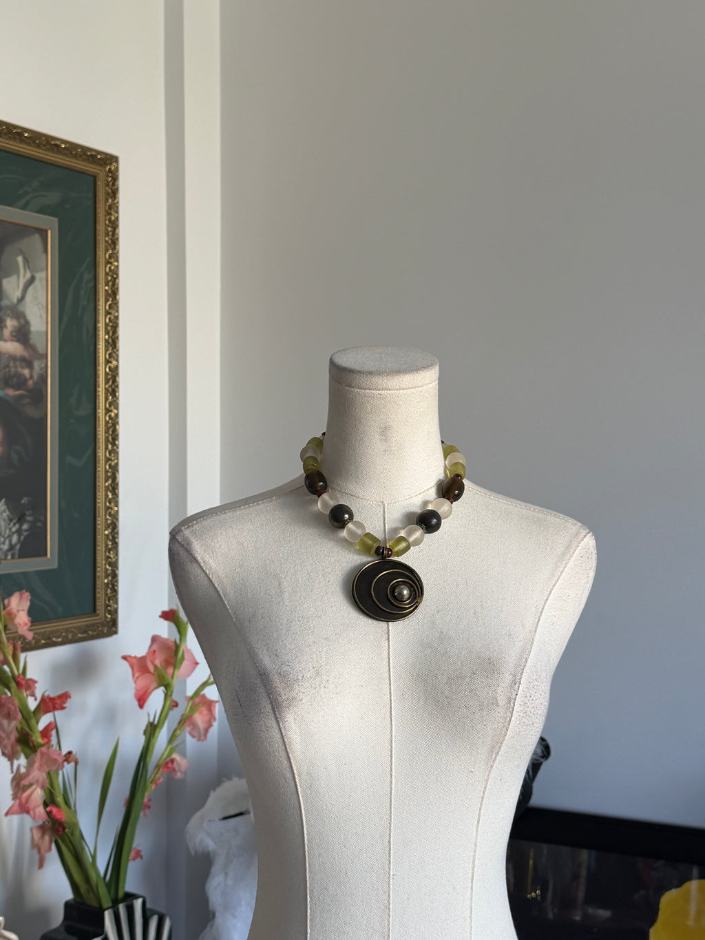 Earth Tone Beaded Spiral Pendant Statement Necklace