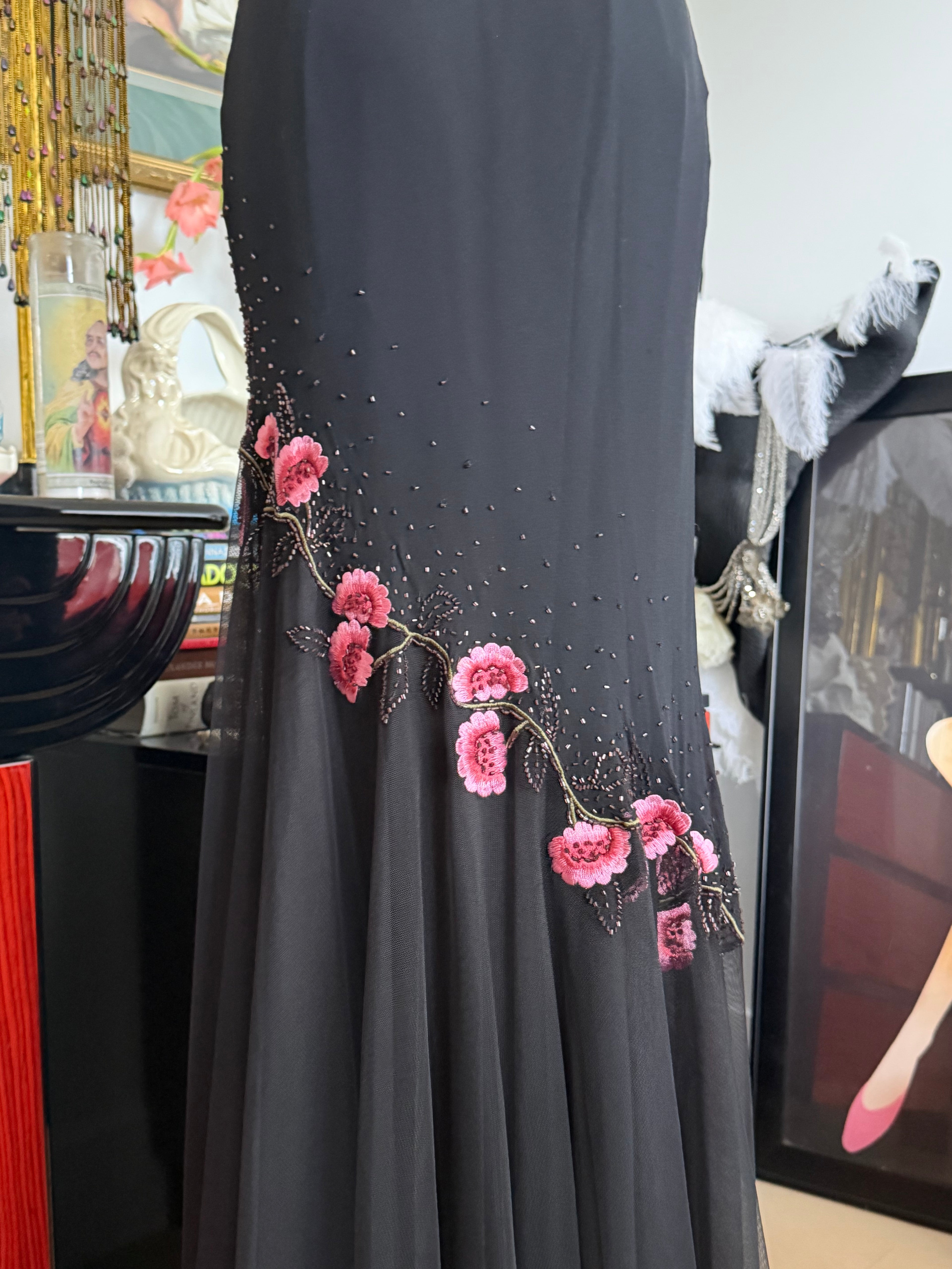 Vintage XSCAPE 100% Silk Black Pink Floral Beaded Gown