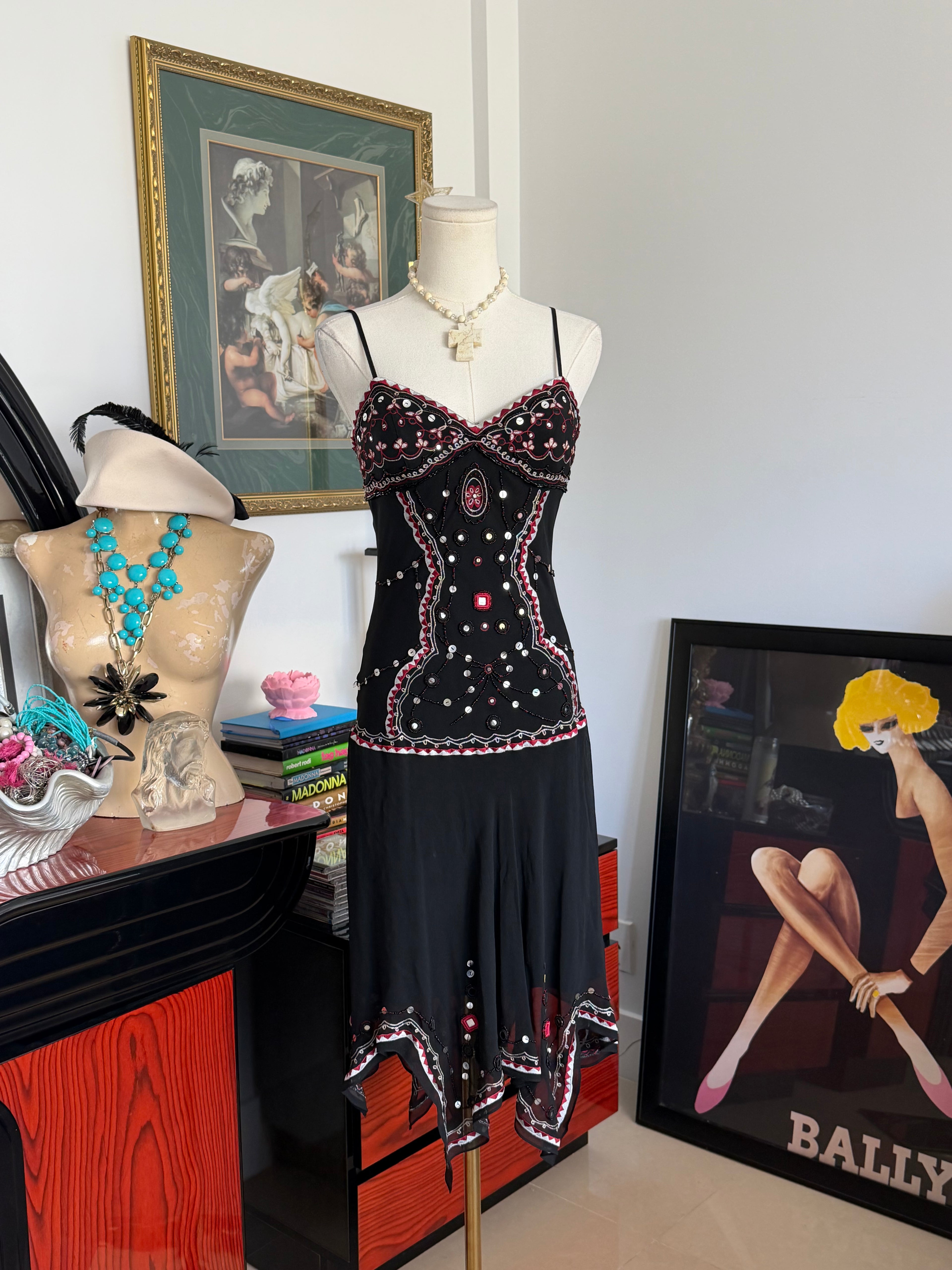 Vintage Sue Wong Black Silk Beaded Corset Illusion Handkerchief Dress -6