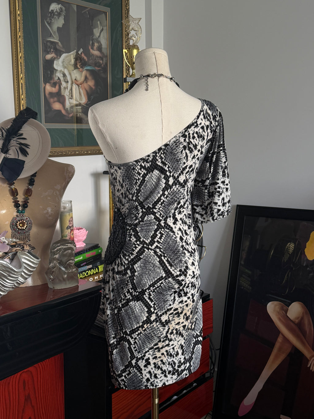 Vintage Y2K Snake Print One Shoulder Glam Dress – Made in USA