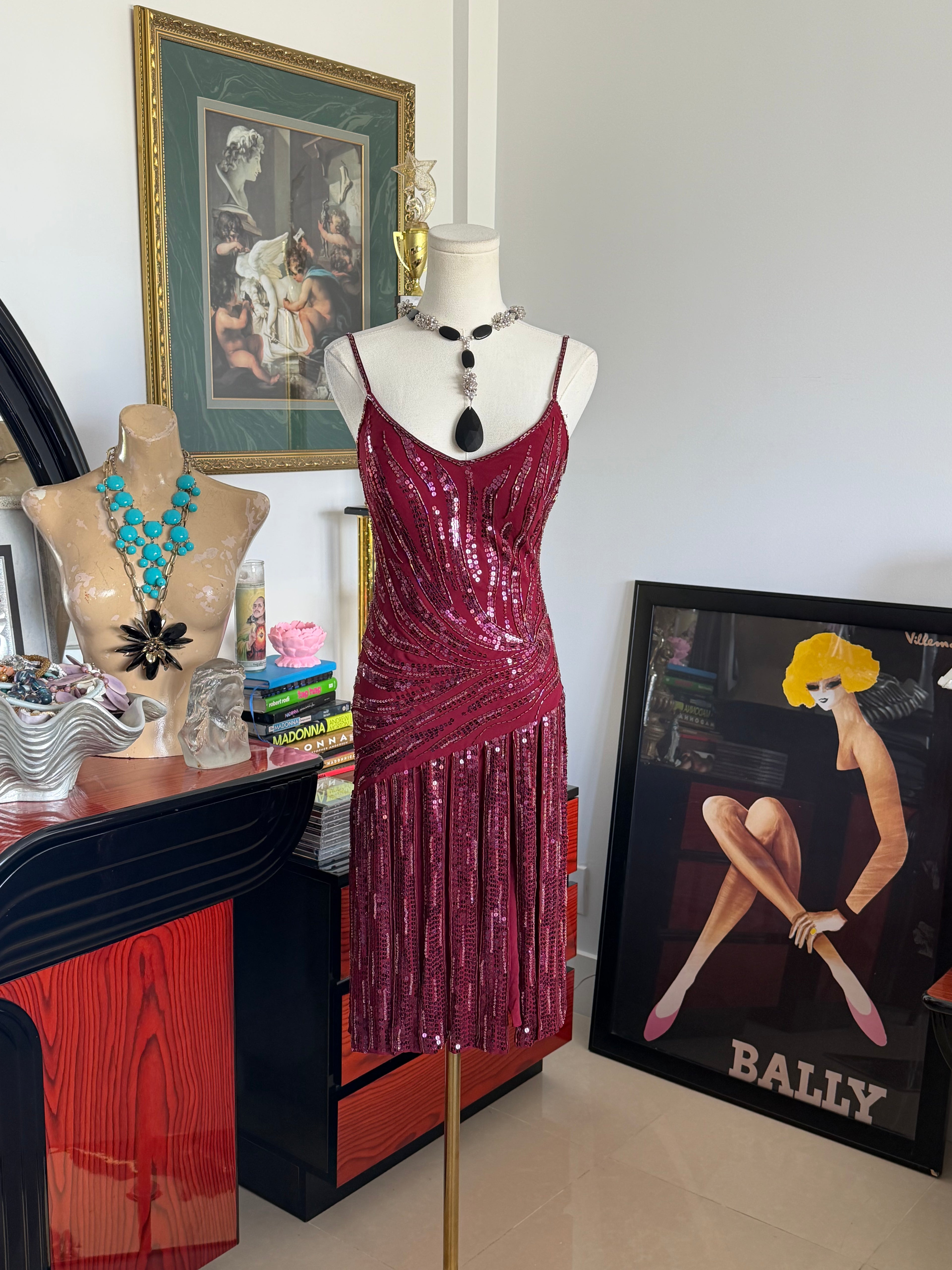 Vintage Sue Wong Burgundy Silk Beaded Cocktail Dress – Size 6