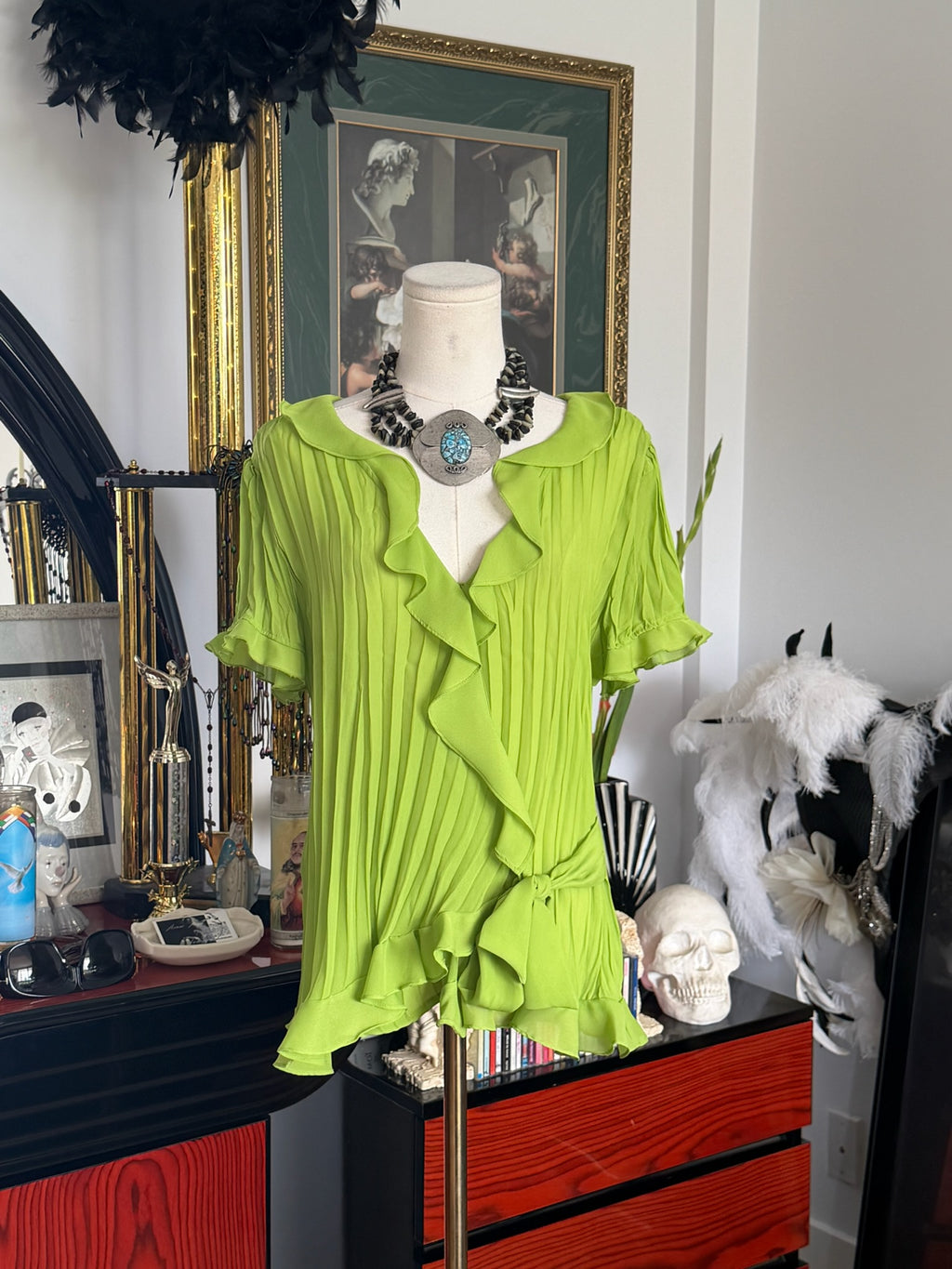 S.L.B. Lime Green Crinkle Ruffle Blouse