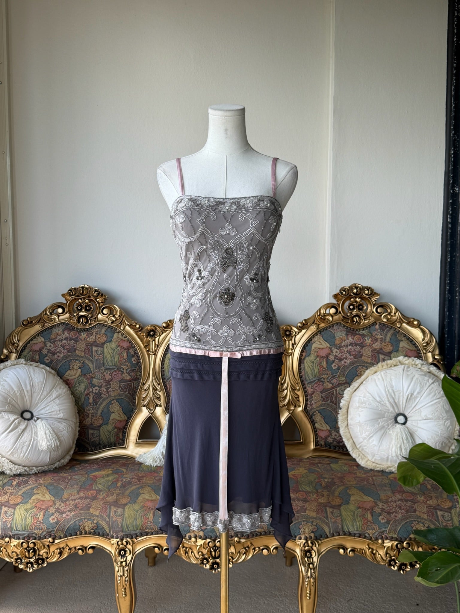 Sue Wong  100% Silk Beaded Handkerchief Midi Dress 2-4