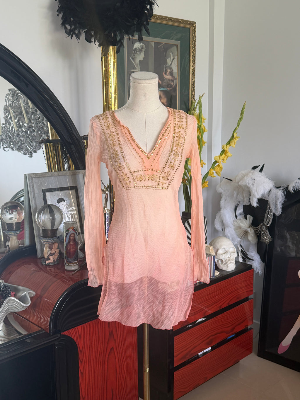 Metro 7 Blush Pink Embellished Sheer Tunic Top | Boho Beaded Long Sleeve Cover-Up | Size M