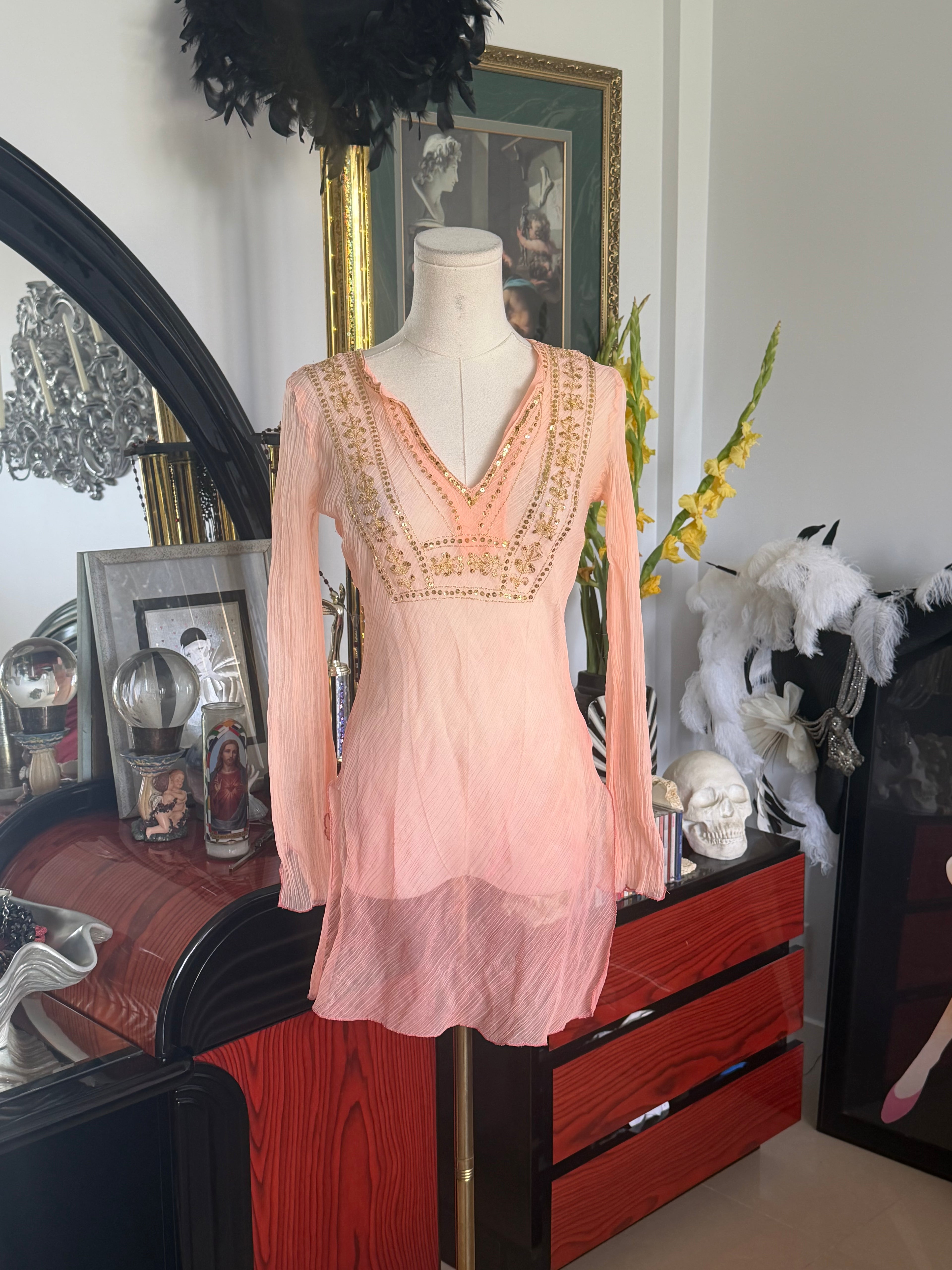 Metro 7 Blush Pink Embellished Sheer Tunic Top | Boho Beaded Long Sleeve Cover-Up | Size M