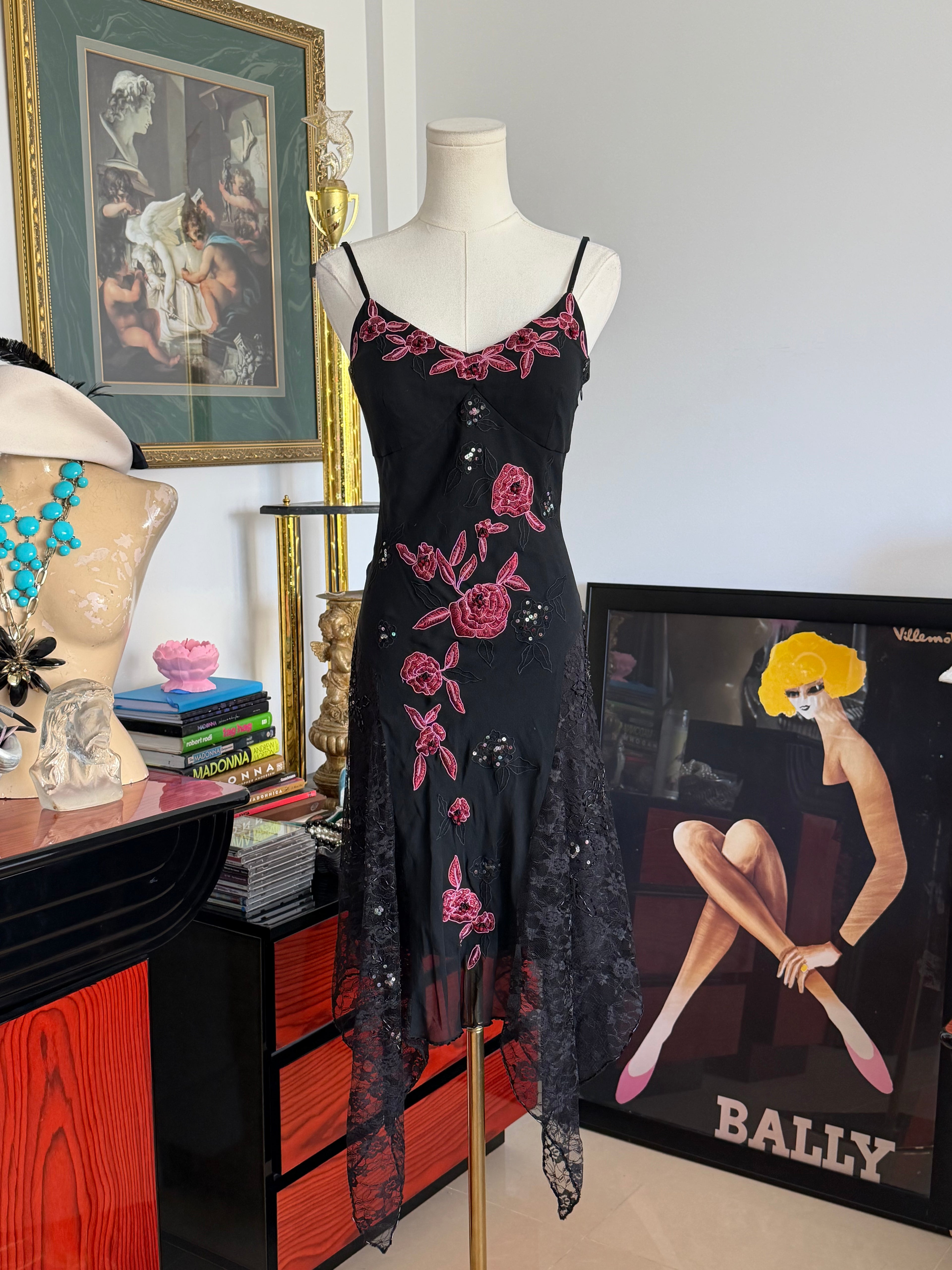 Vintage Sue Wong  Black Silk Rose Embroidered Handkerchief Dress-6