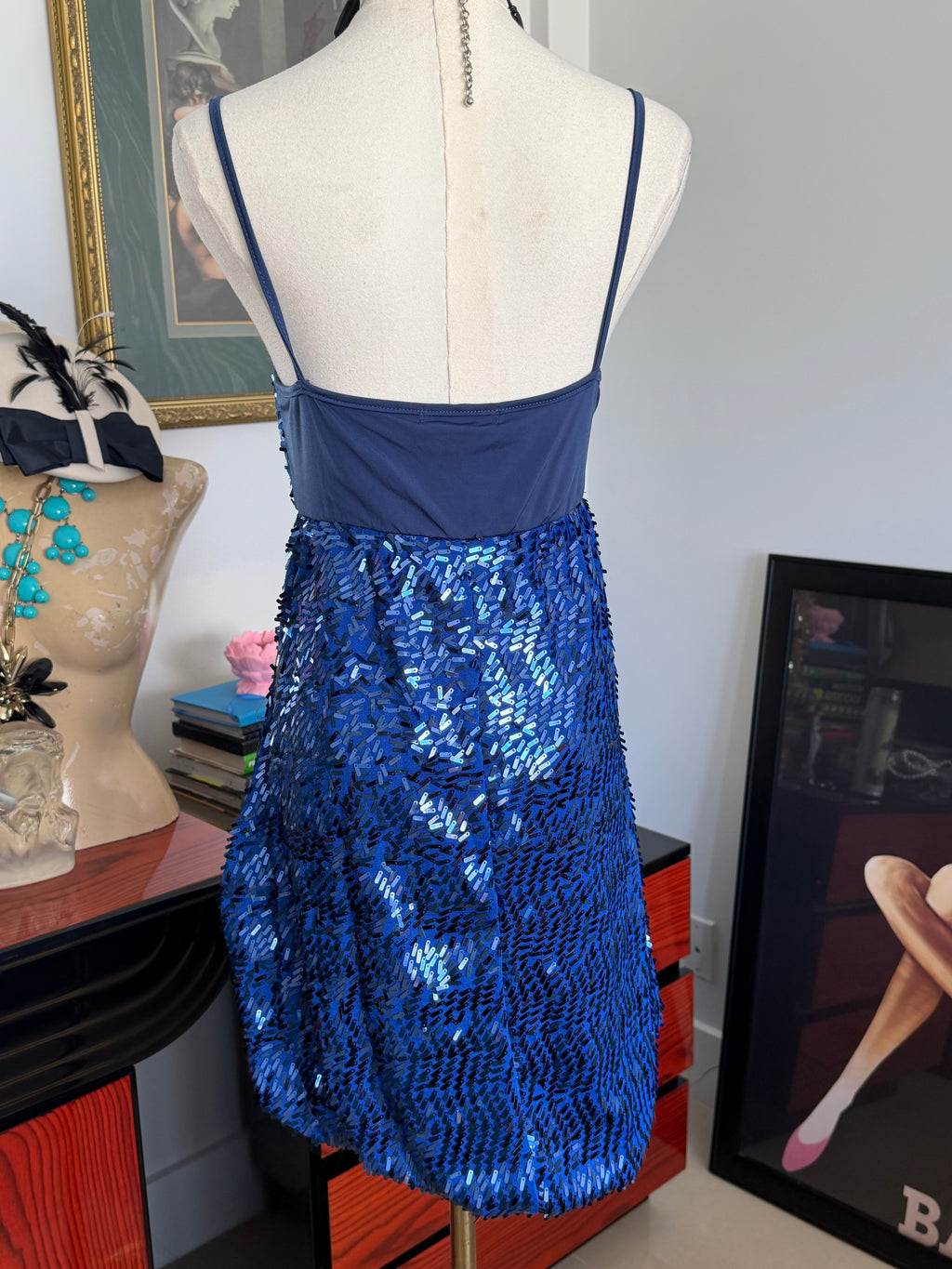 Vintage Y2K Blue Bugle Bead & Sequin Bubble Hem Dress | Made in USA | Medium