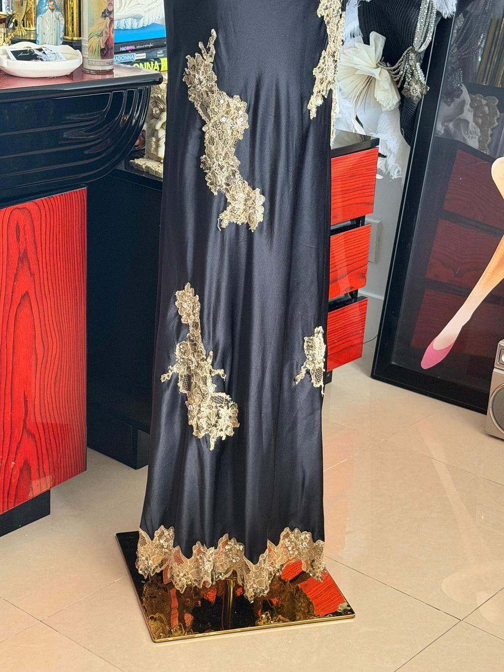Vintage Caché Black & Gold Embellished Lace Evening Gown