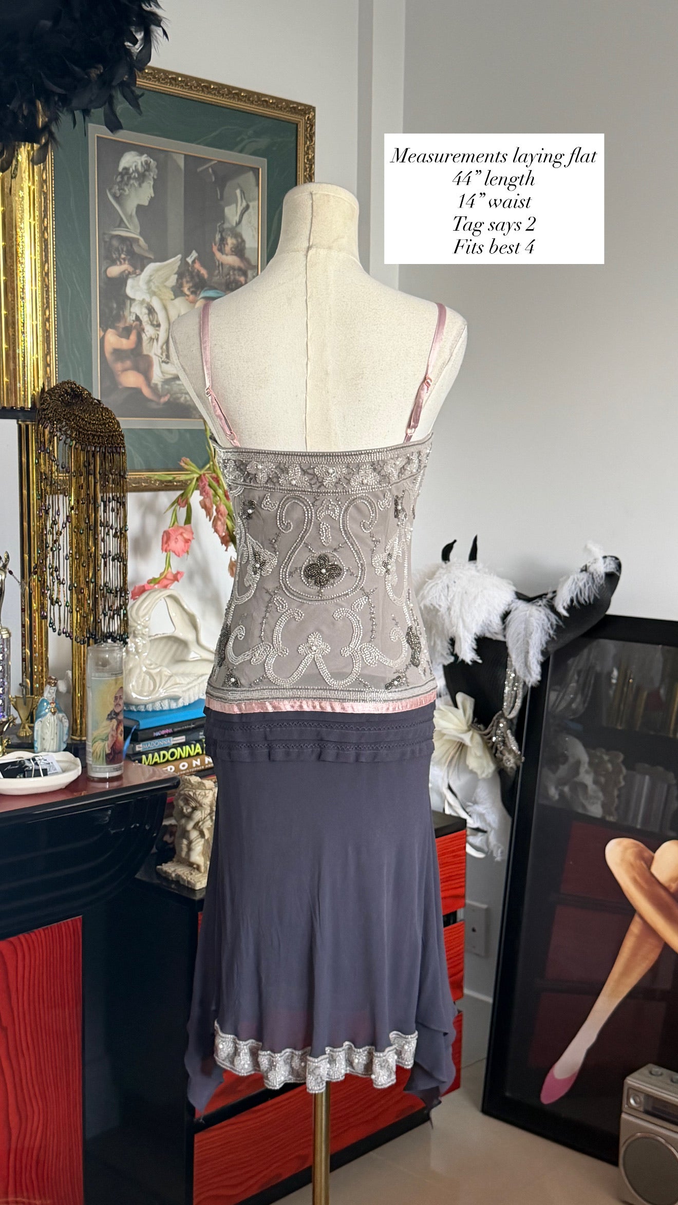 Sue Wong  100% Silk Beaded Handkerchief Midi Dress 2-4