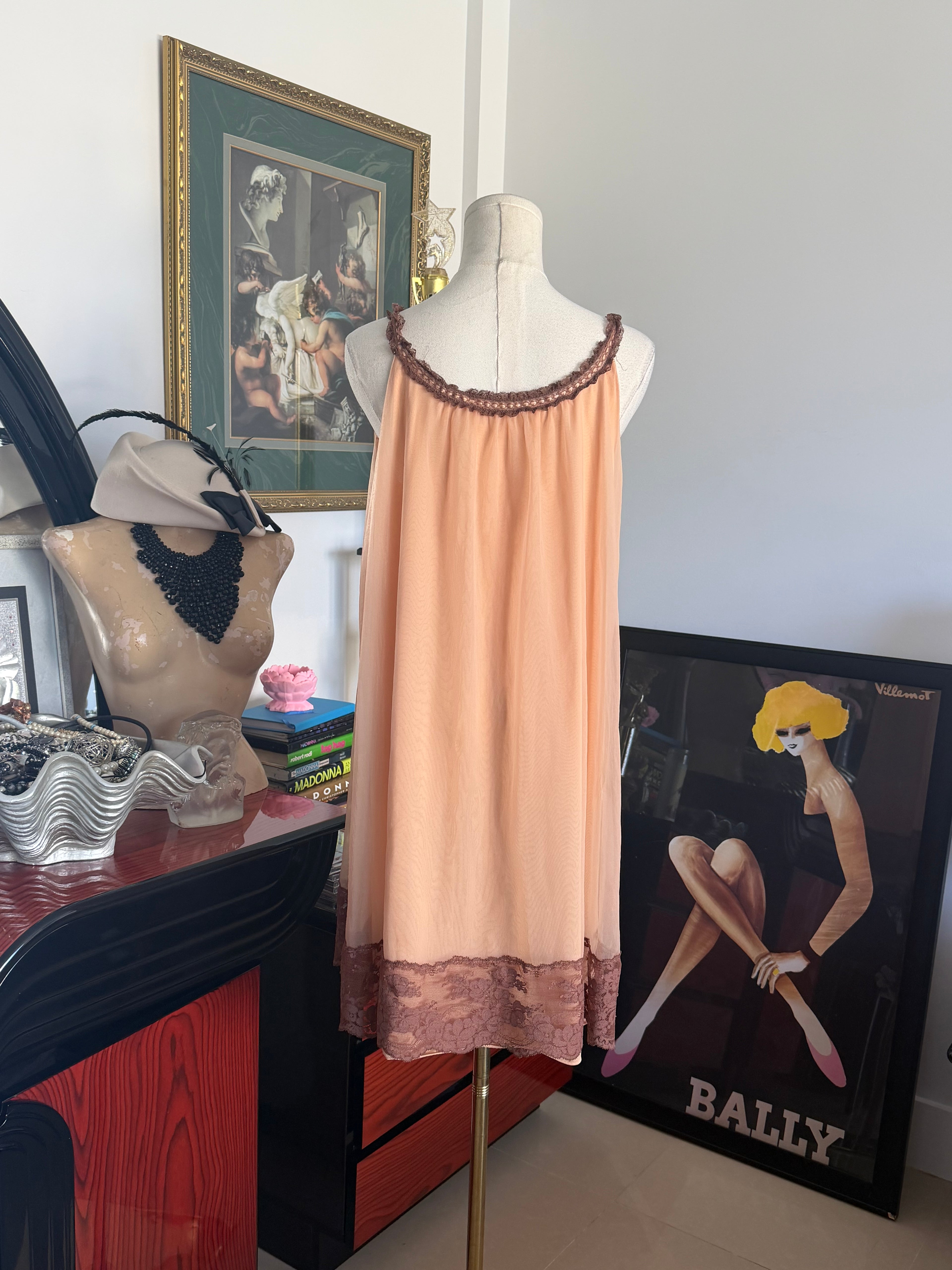 Vintage Made in USA Peach Chiffon Lace Slip Dress