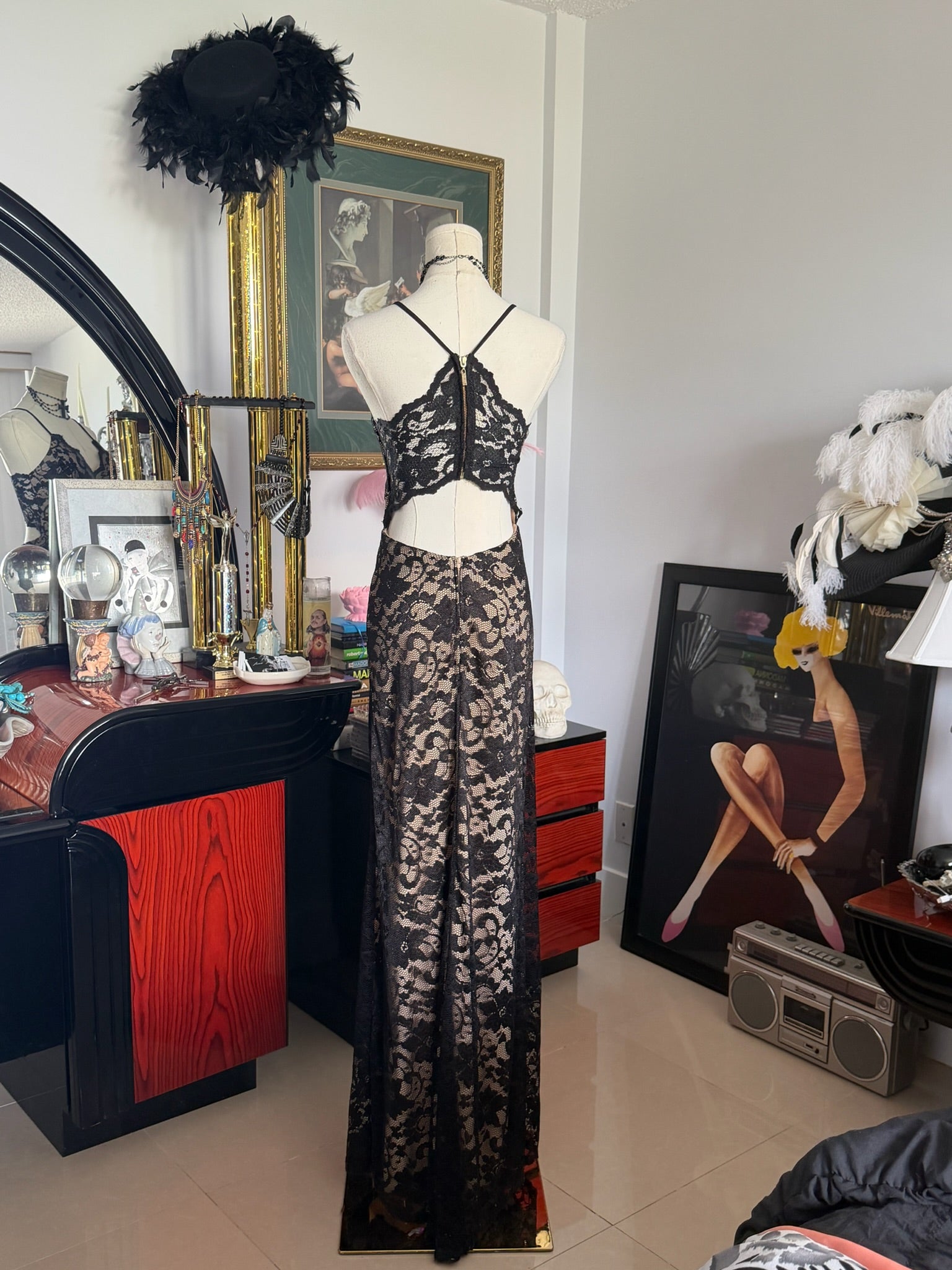 Y2K Black Lace Cutout Maxi Dress | Open Back Evening Gown | Size S