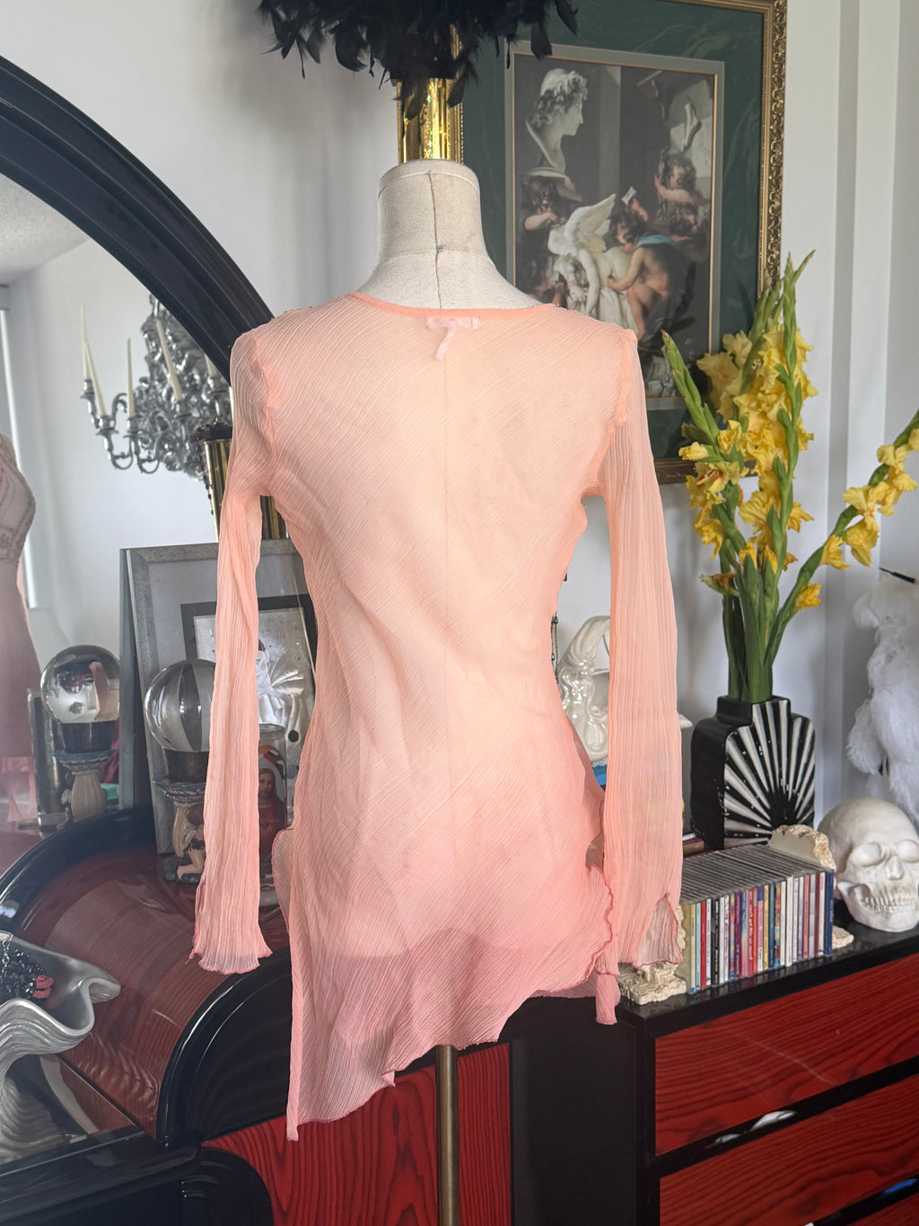 Metro 7 Blush Pink Embellished Sheer Tunic Top | Boho Beaded Long Sleeve Cover-Up | Size M