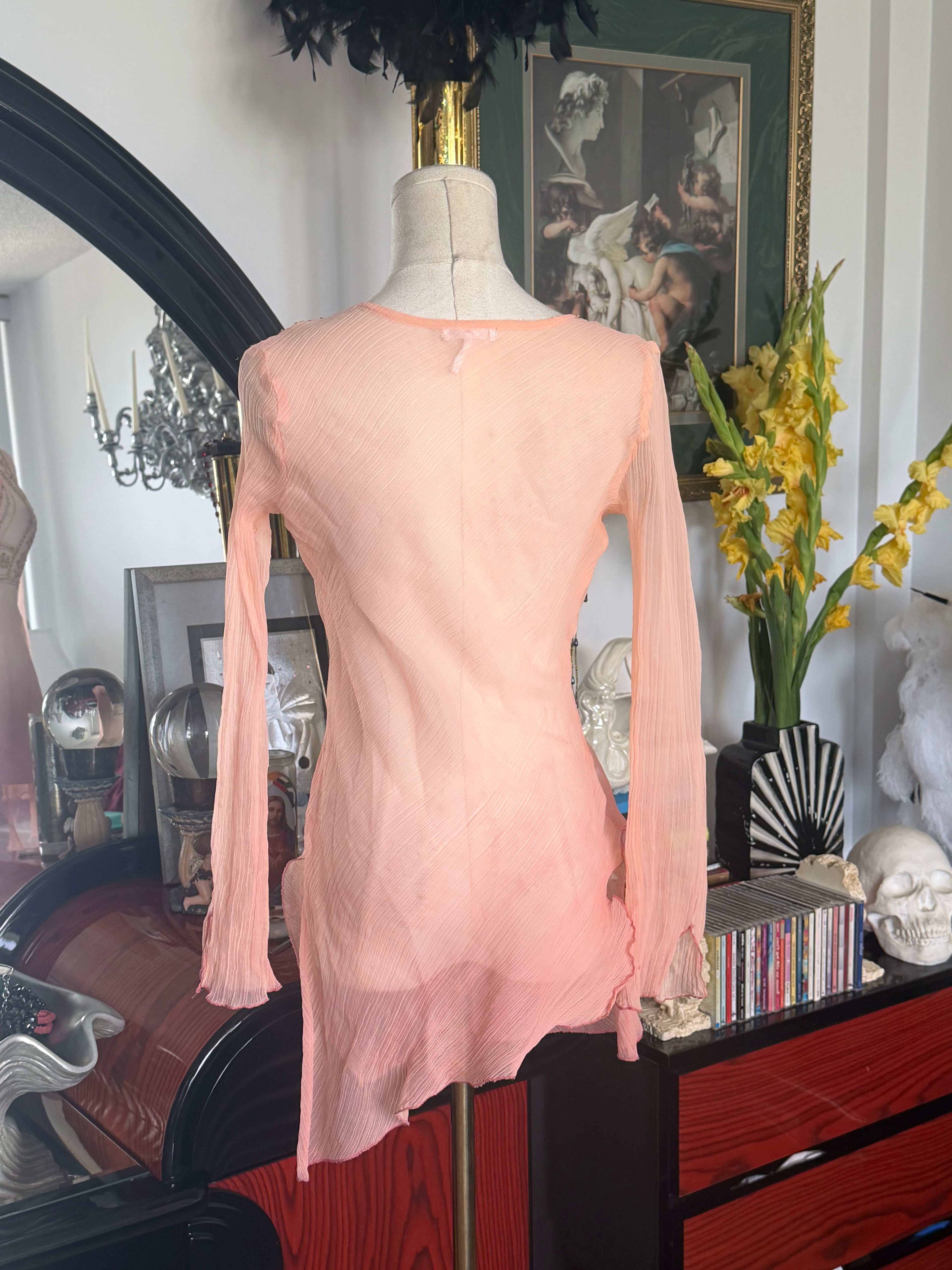 Metro 7 Blush Pink Embellished Sheer Tunic Top | Boho Beaded Long Sleeve Cover-Up | Size M