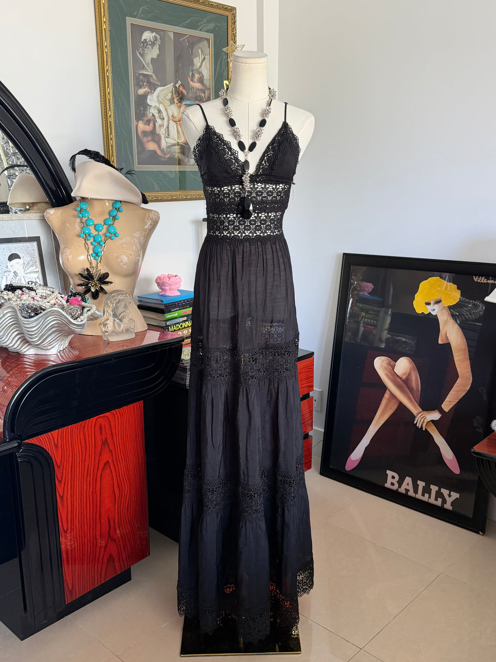 Vintage Black Crochet Lace Maxi Dress-xs