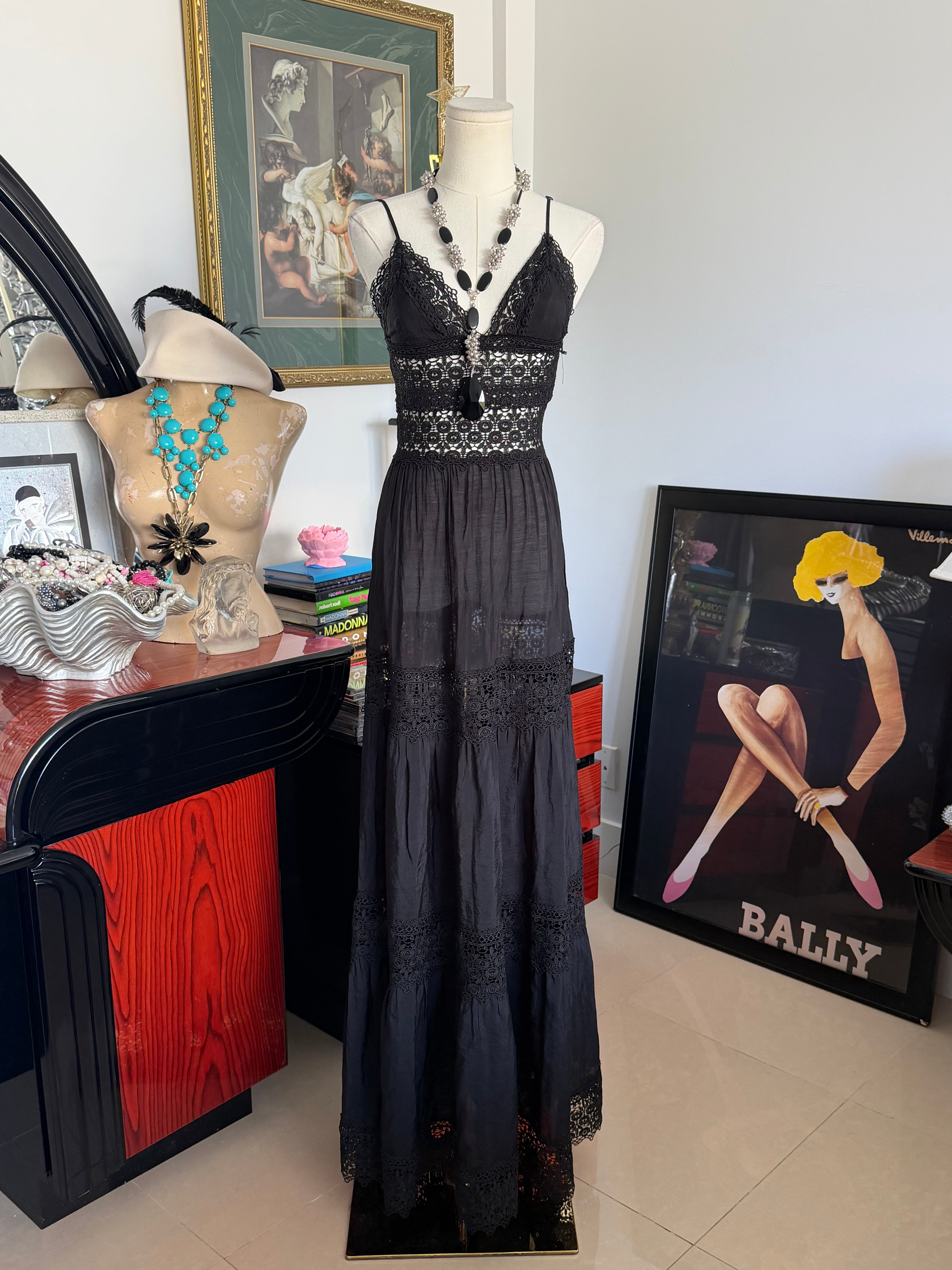 Vintage Black Crochet Lace Maxi Dress-xs