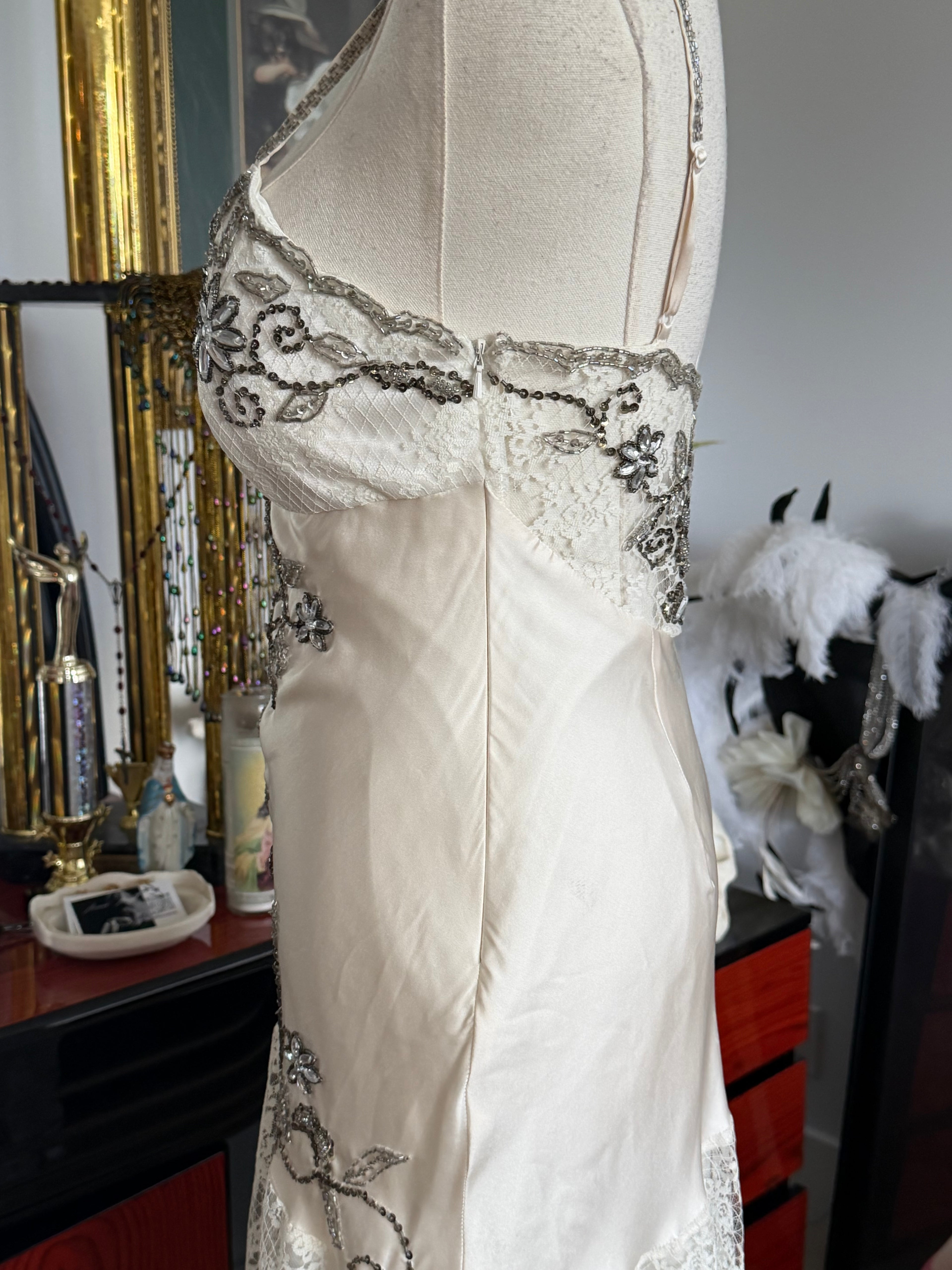 Vintage Sue Wong  Ivory Silk Beaded Lace Dress