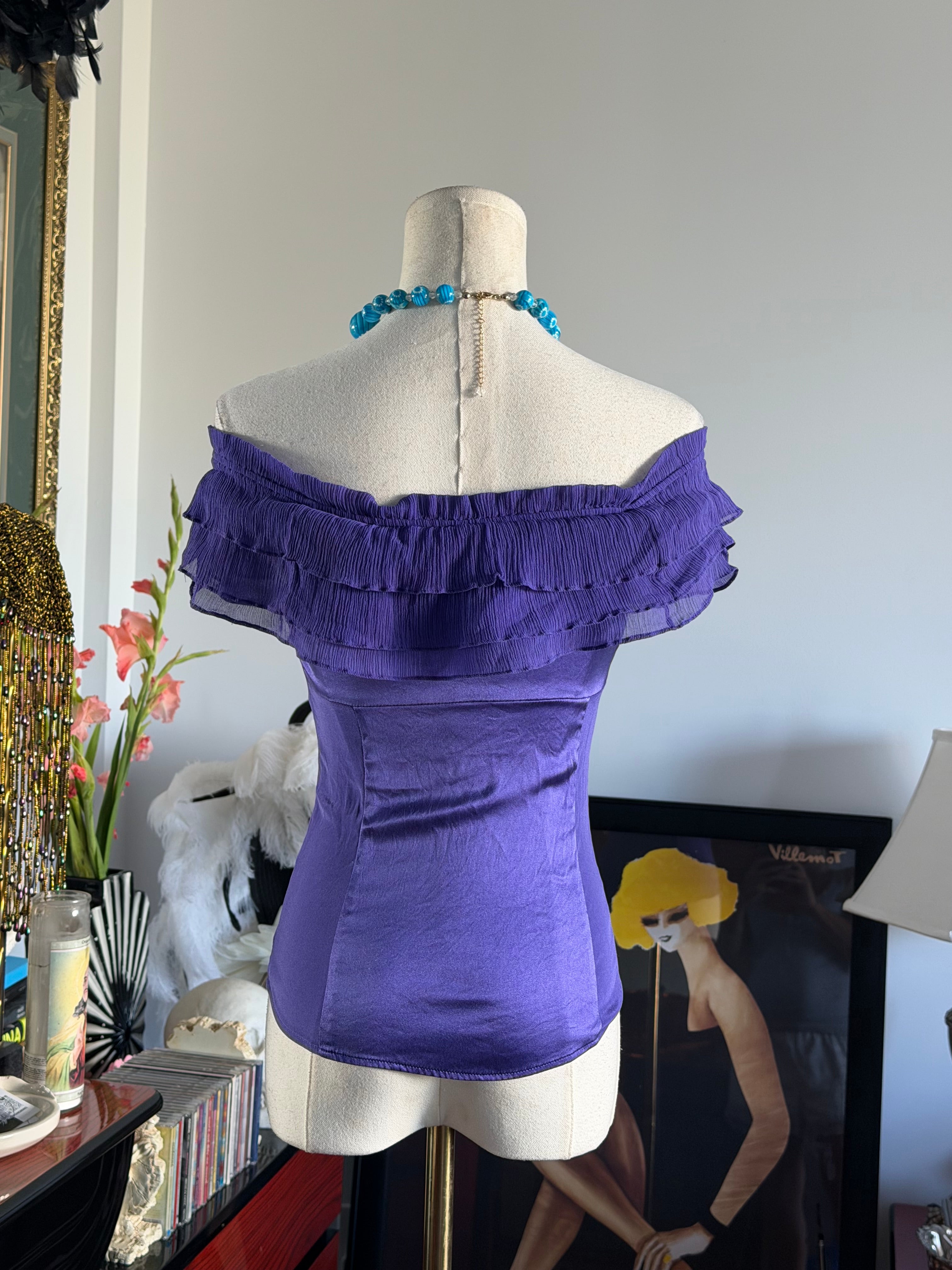 Vintage Marciano Purple Satin Ruffle Off Shoulder Top