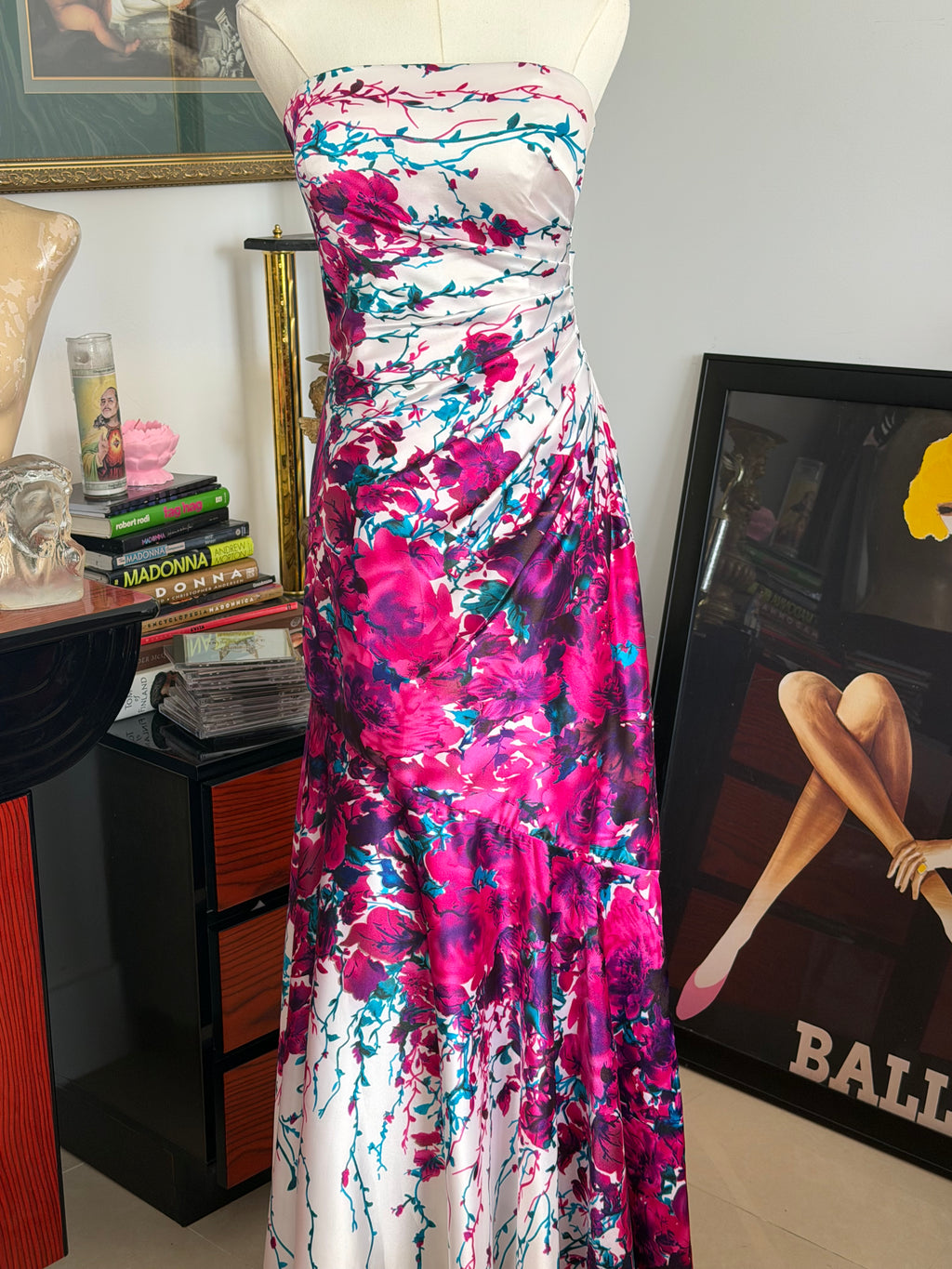 Cache Floral Satin Strapless Maxi Dress - M