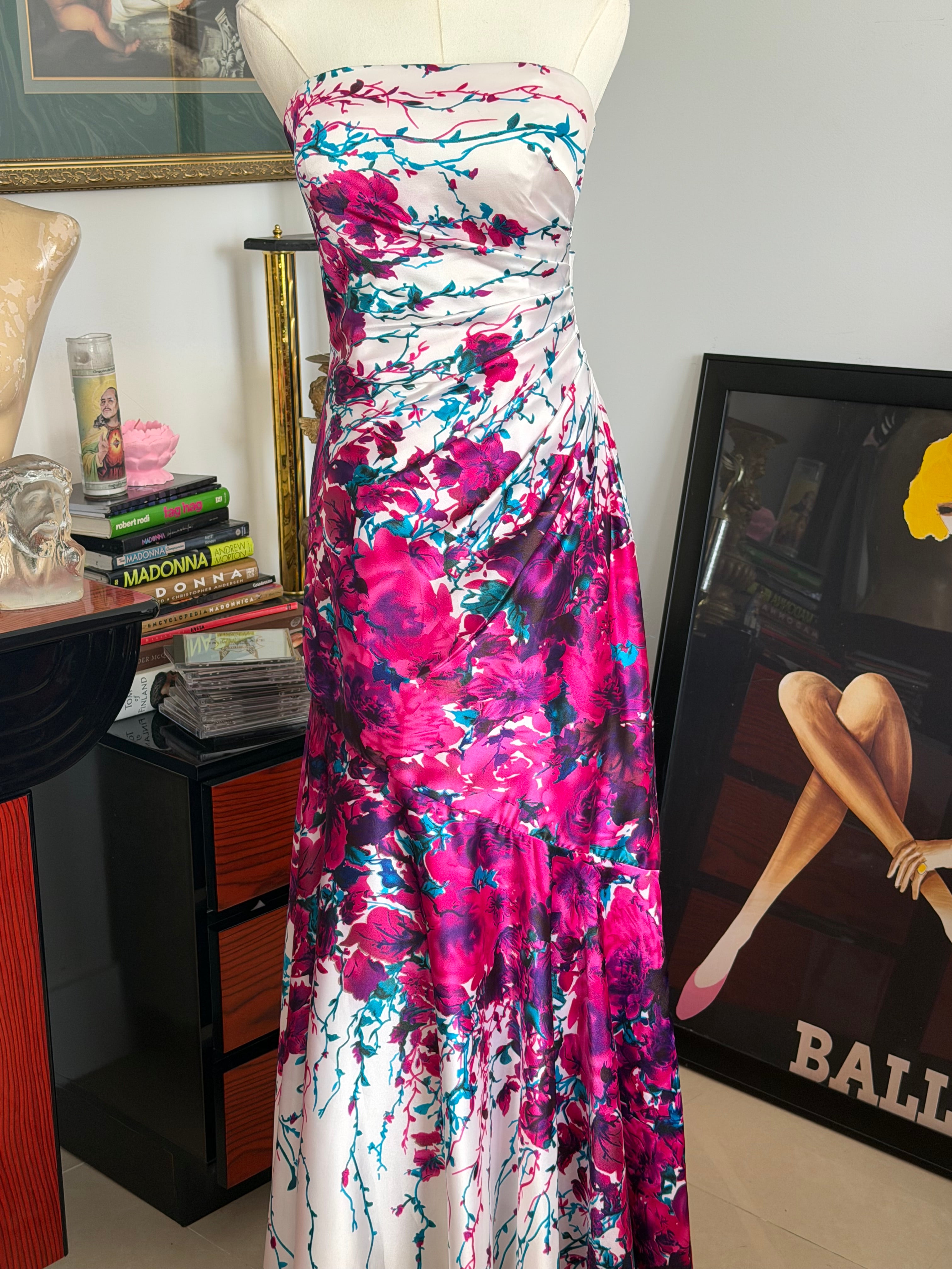 Cache Floral Satin Strapless Maxi Dress - M