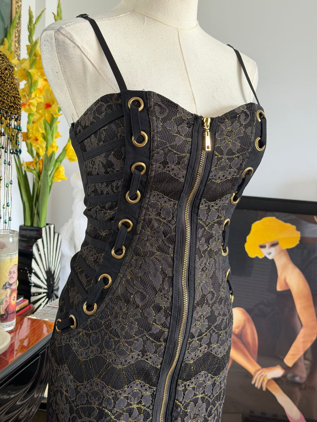 Entry Black Lace Corset Lace-Up Mini Dress