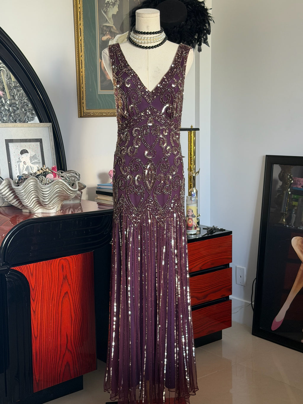 Pisarro Nights Hand-Beaded Plum Art Deco Evening Gown