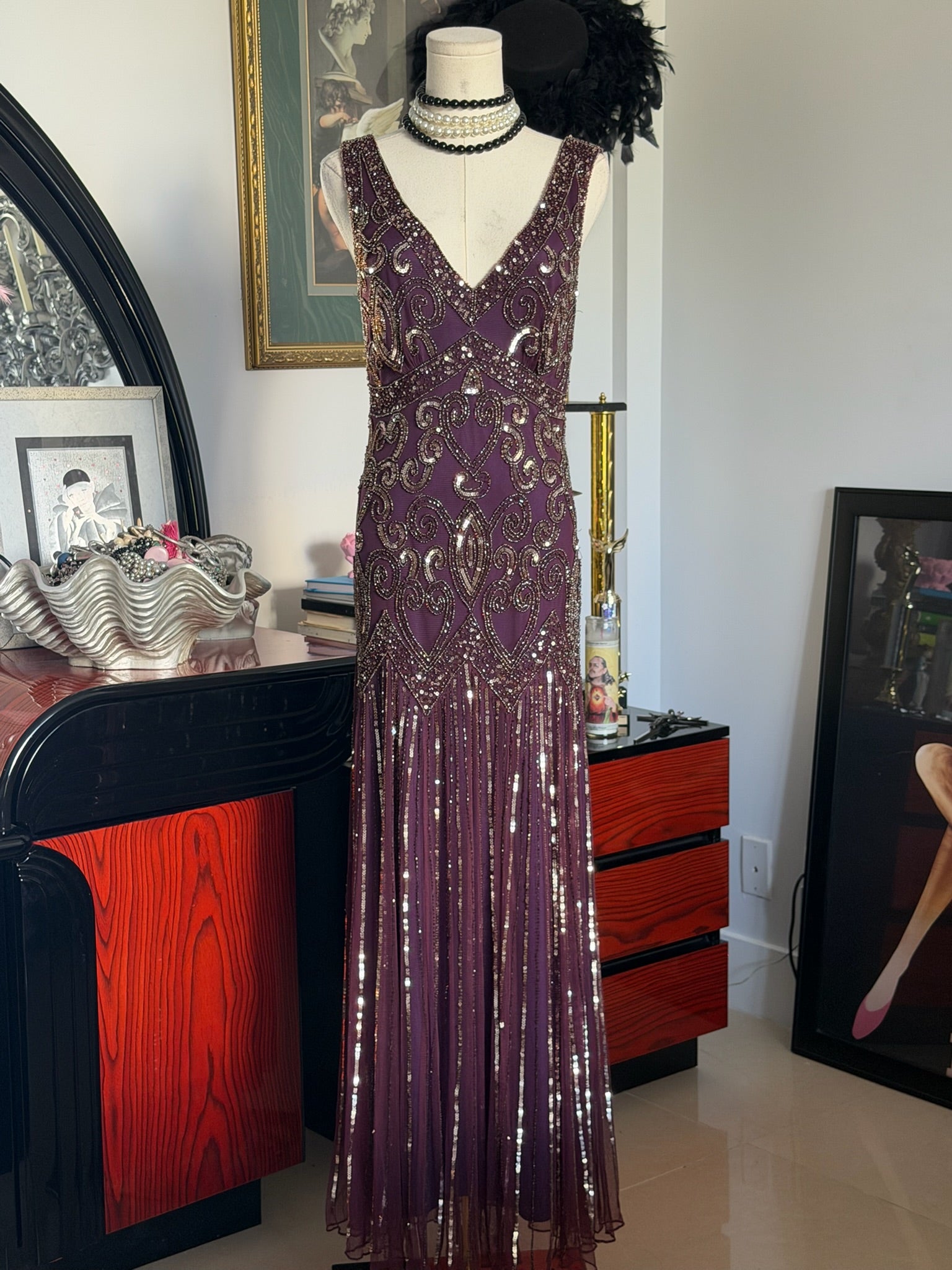 Pisarro Nights Hand-Beaded Plum Art Deco Evening Gown