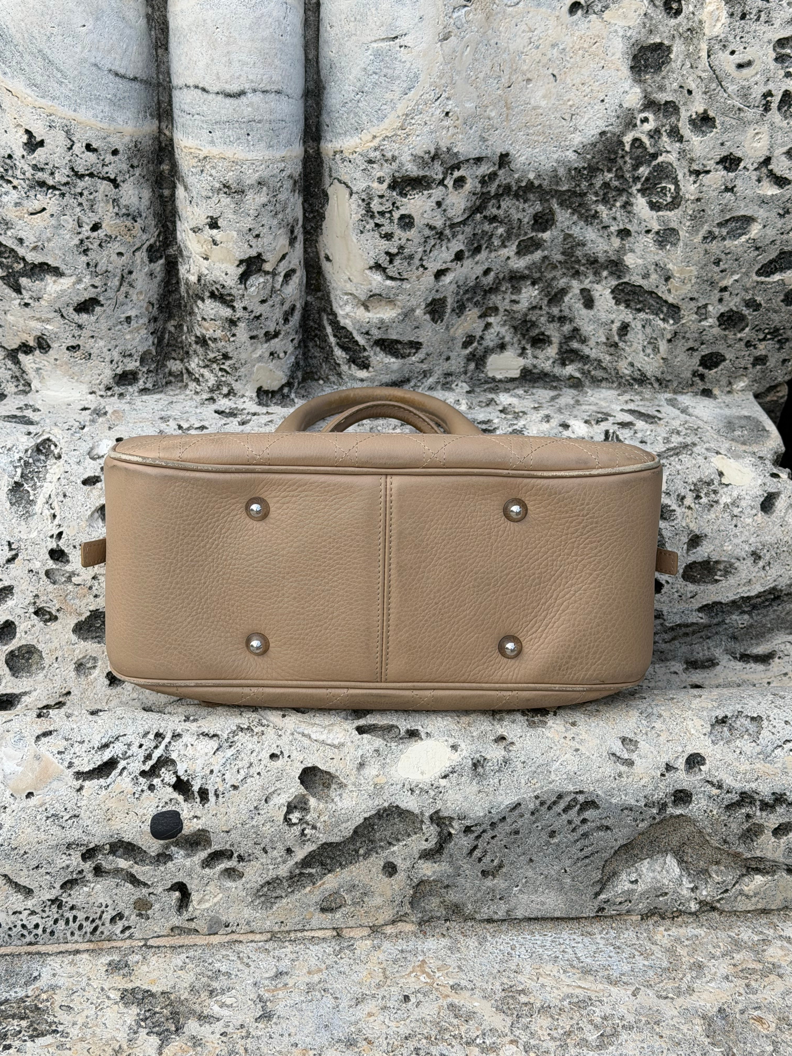 Vintage Christian Dior Street Chic Bowling Bag in Beige Leather – Galliano Era 2000s