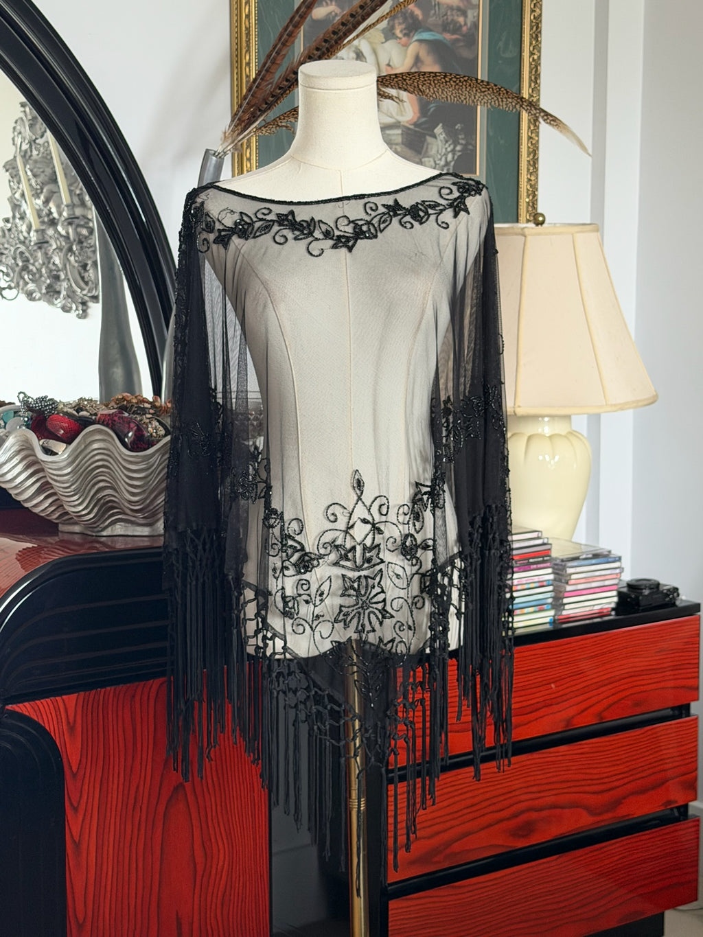 Sheer black embroidered poncho