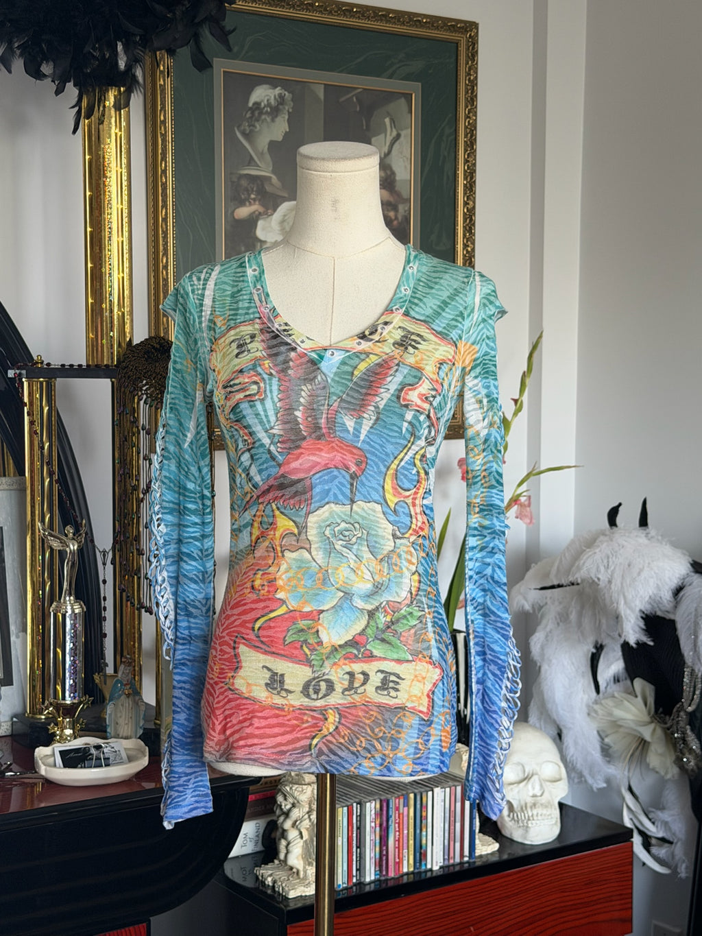 Y2K Tattoo Print Cutout Long Sleeve Top