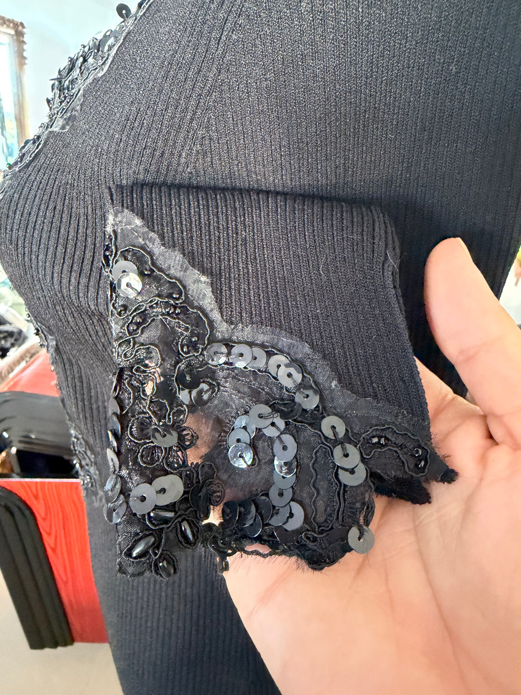 Vintage Caché Black Beaded Lace Reversible Long Sleeve Top