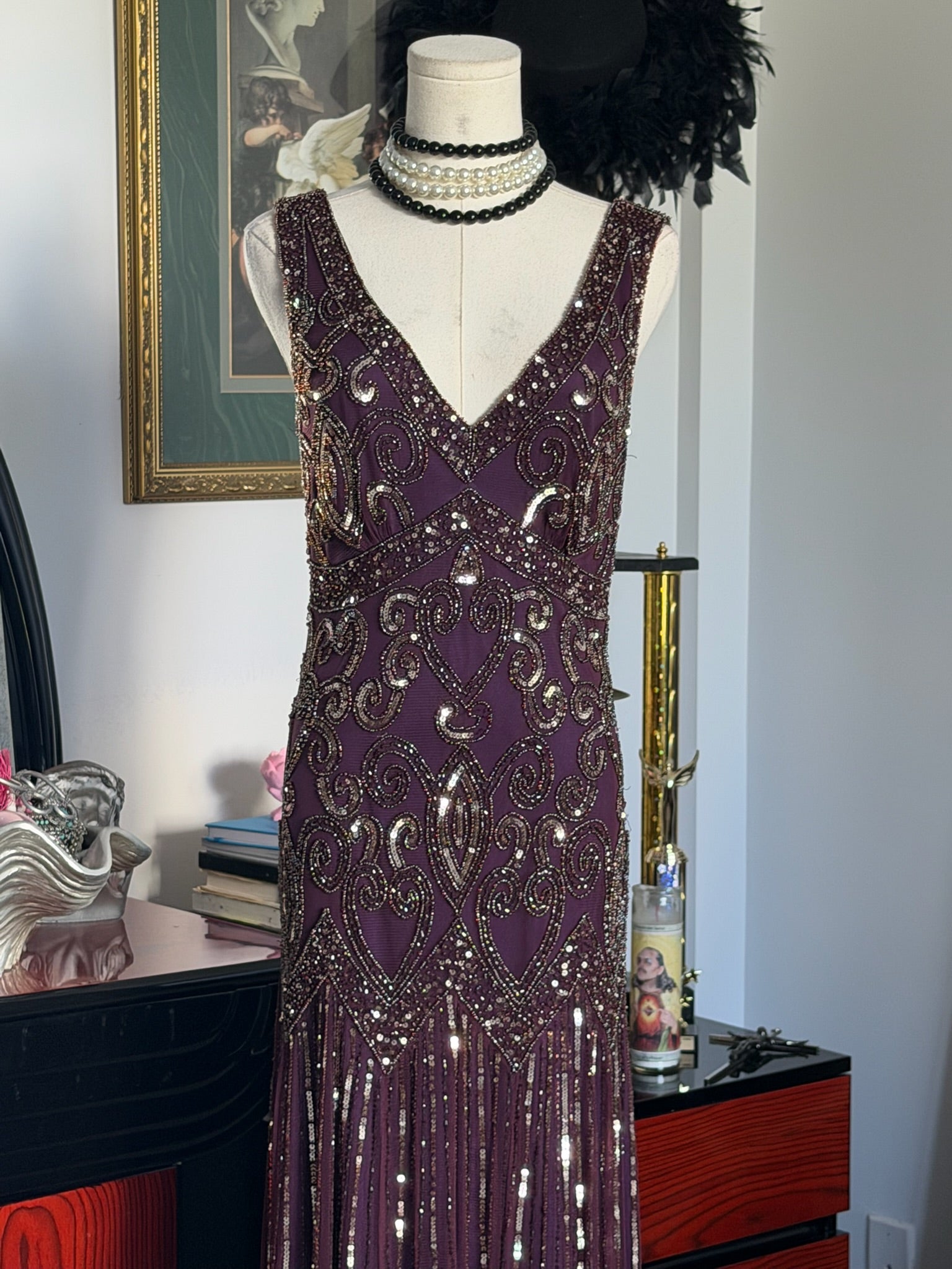 Pisarro Nights Hand-Beaded Plum Art Deco Evening Gown