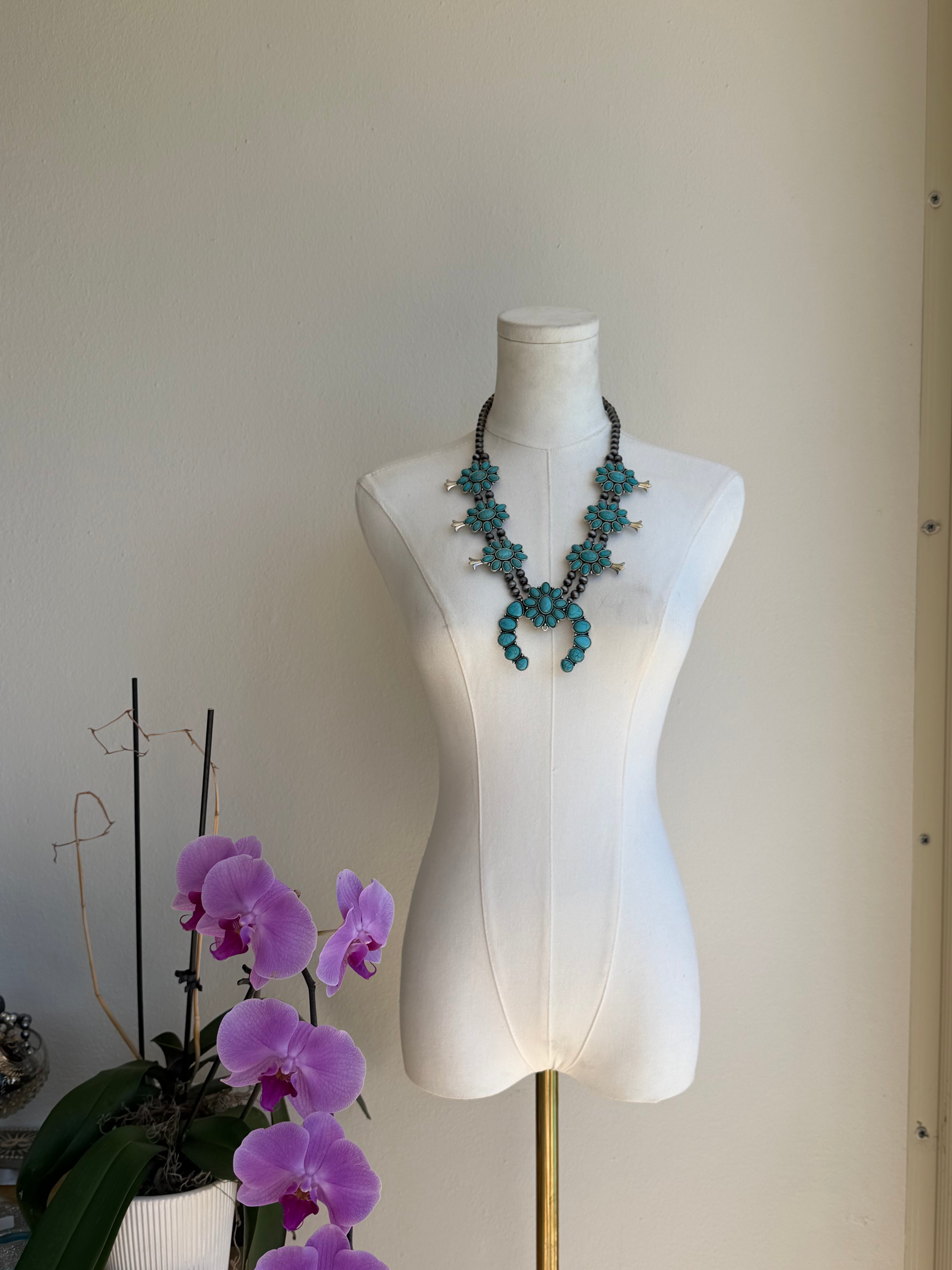 Turquoise Squash Blossom–Style Statement Necklace